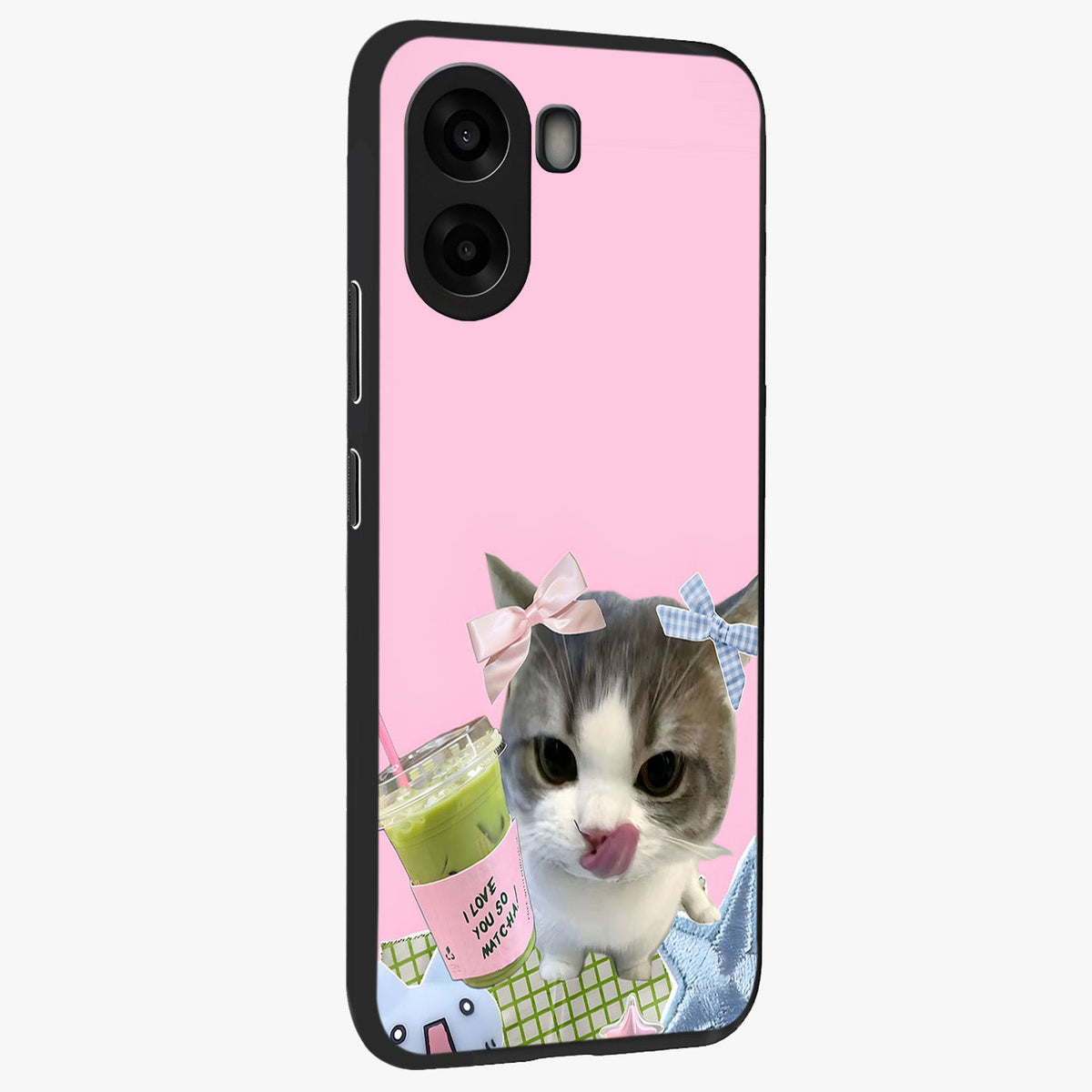 Love Matcha Cat Glass Case upright view showcasing adorable cat artwork with charming matcha themed design.