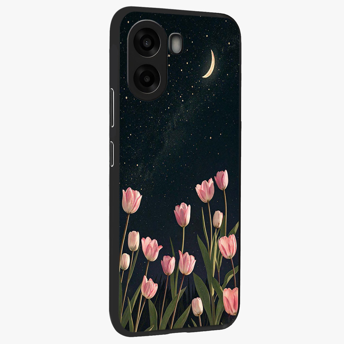 Midnight Tulip Whispers Vibe Glass Case upright view showcasing graceful tulip artwork with calm botanical theme.