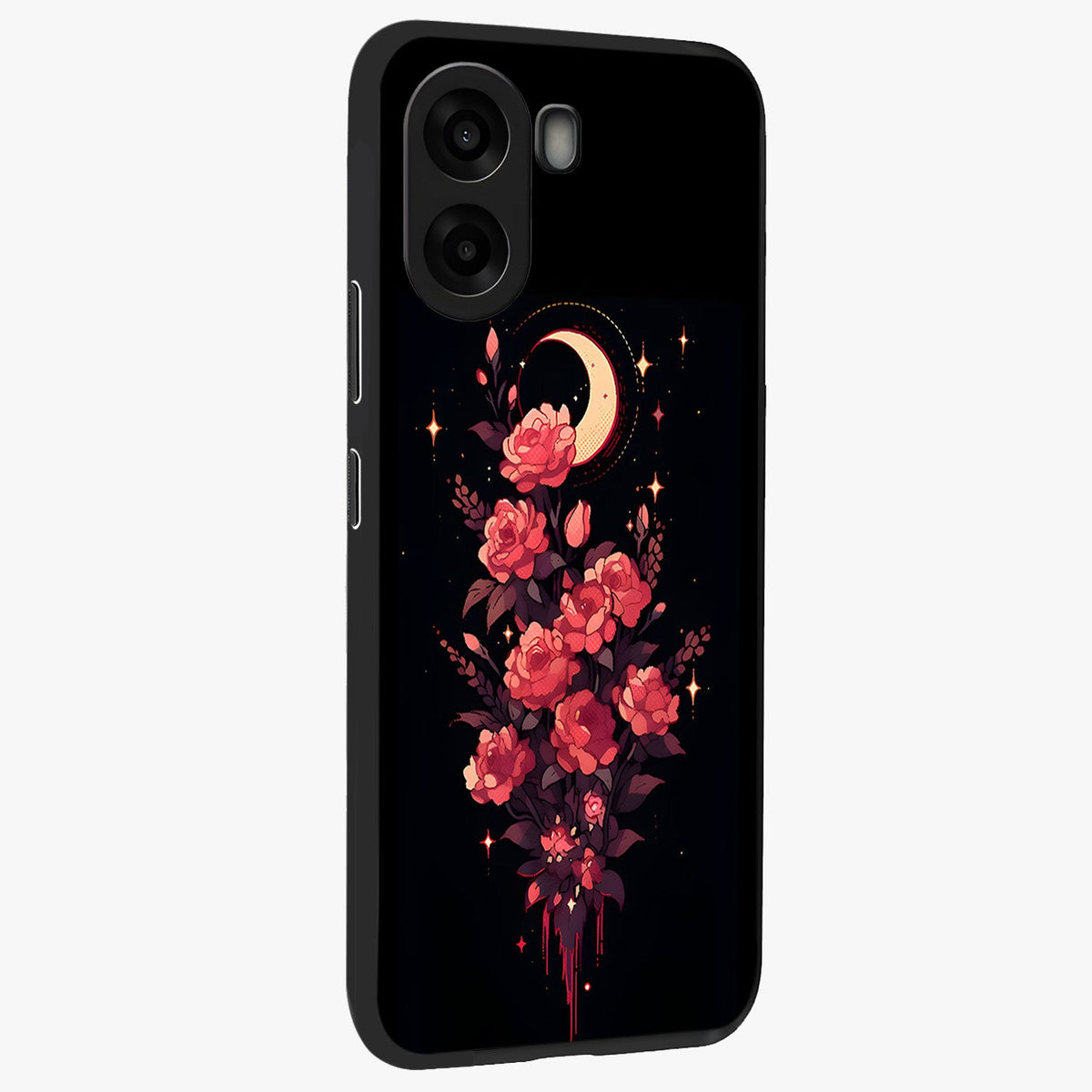 Moonlit Floral Elegance Glass Case upright view showcasing delicate floral artwork with refined night inspired theme.