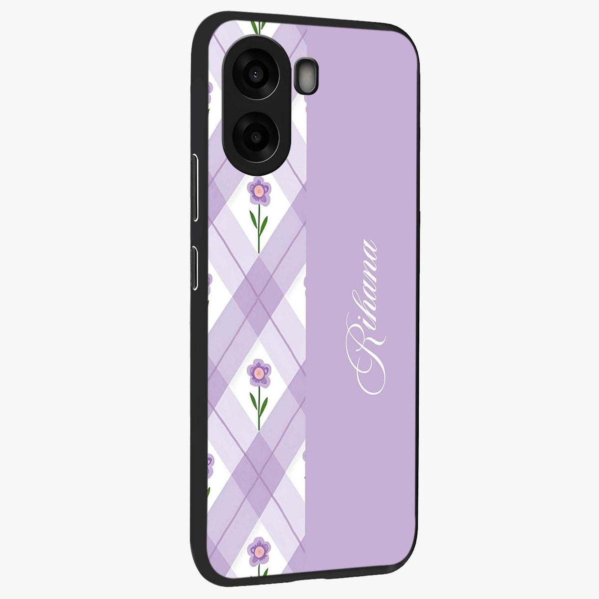 Purple Diamond Floral Glass Case upright view showcasing vibrant floral artwork with stylish geometric theme.