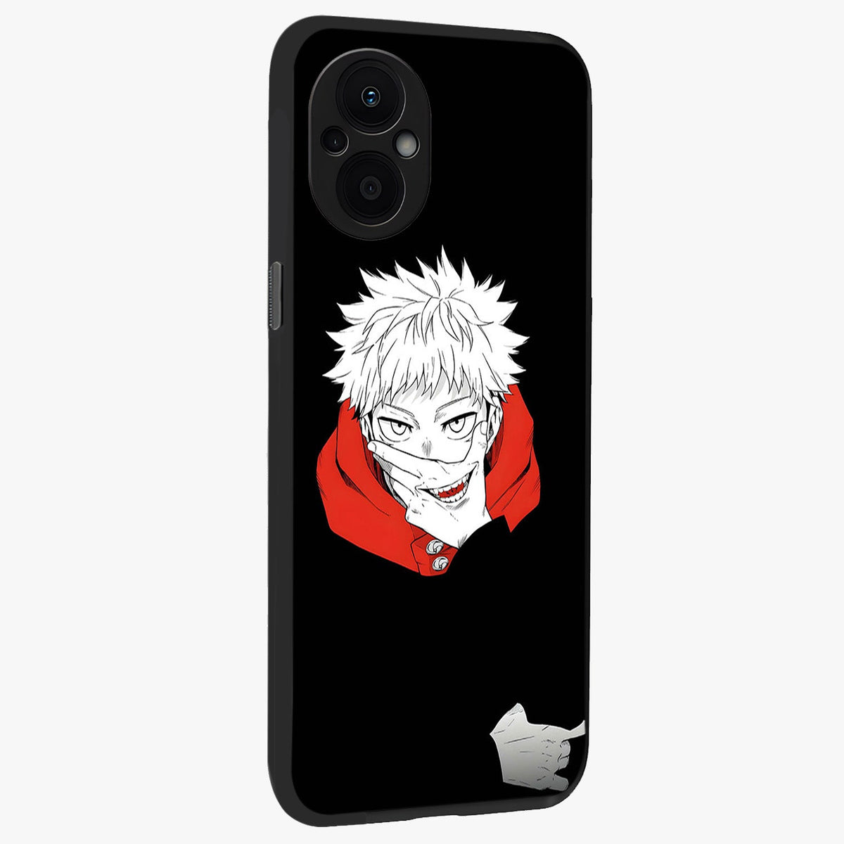 Crimson Chaos Smile Glass Case upright view showcasing expressive chaotic artwork with striking visual theme.