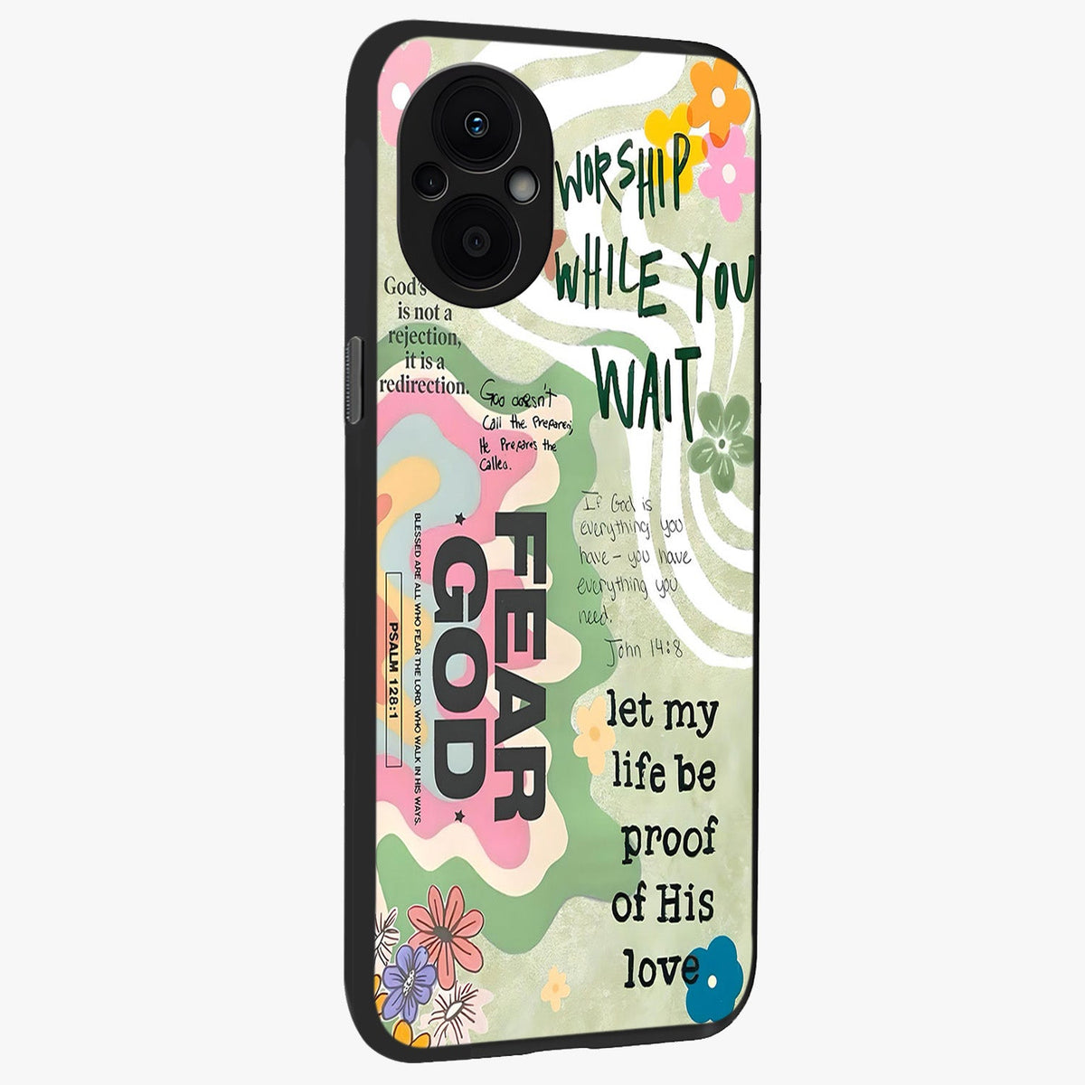 Faith Over Fear Glass Case upright view showcasing bold typography artwork with uplifting motivational theme.