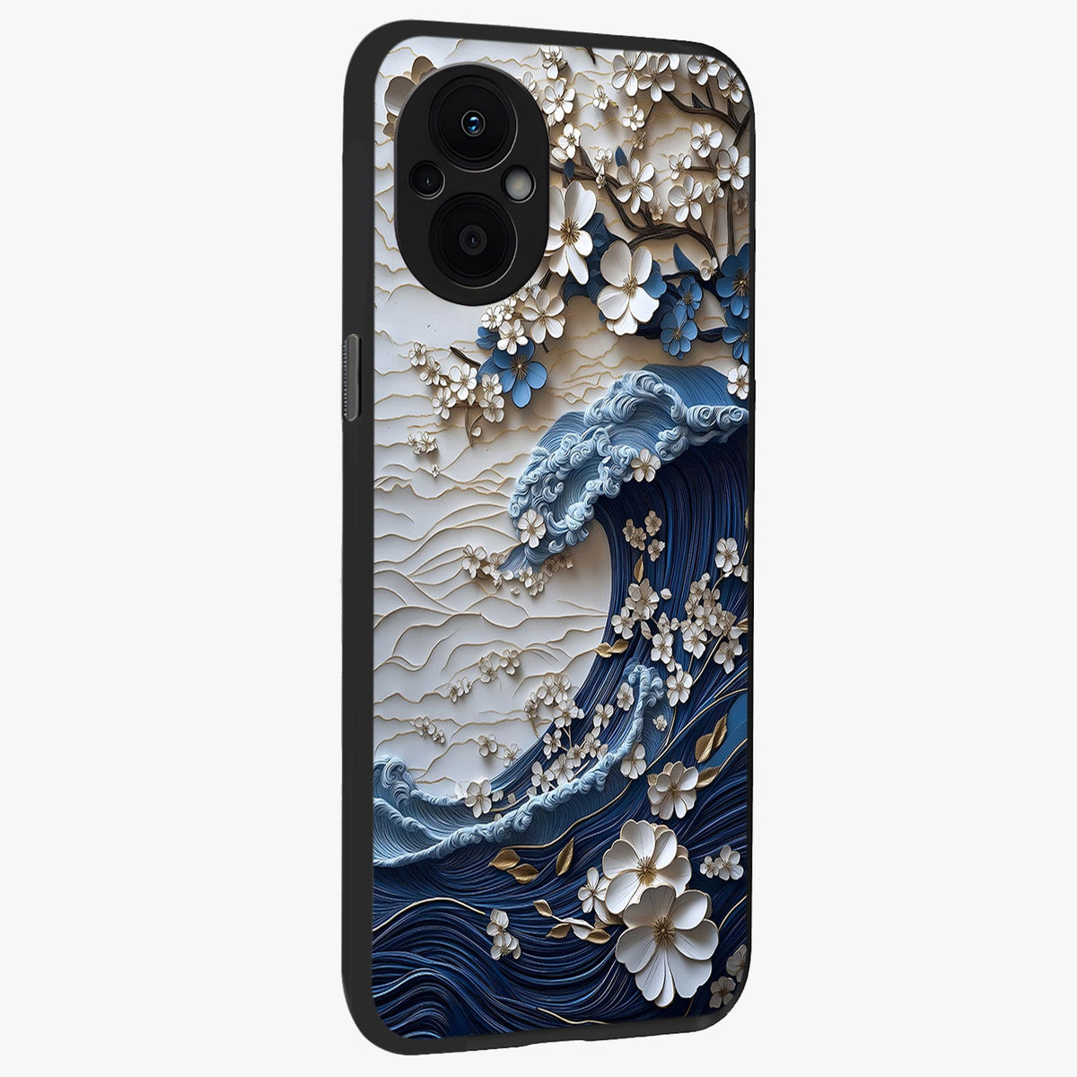 Floral Wave Origami Glass Case upright view showcasing creative floral origami artwork with artistic decorative theme.
