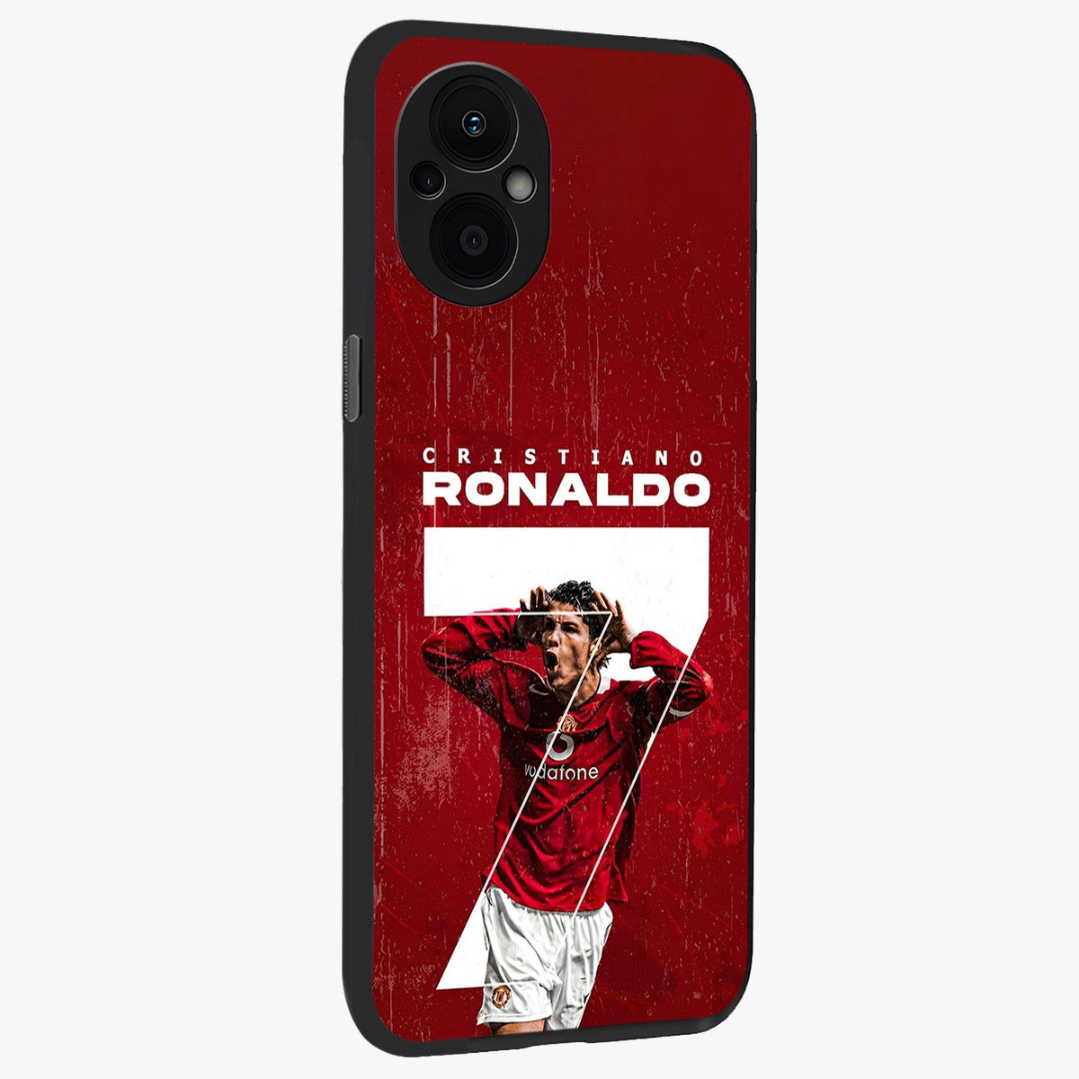 Goal Celebration Legacy Glass Case upright view showcasing dynamic football inspired artwork with victory celebration aesthetic.