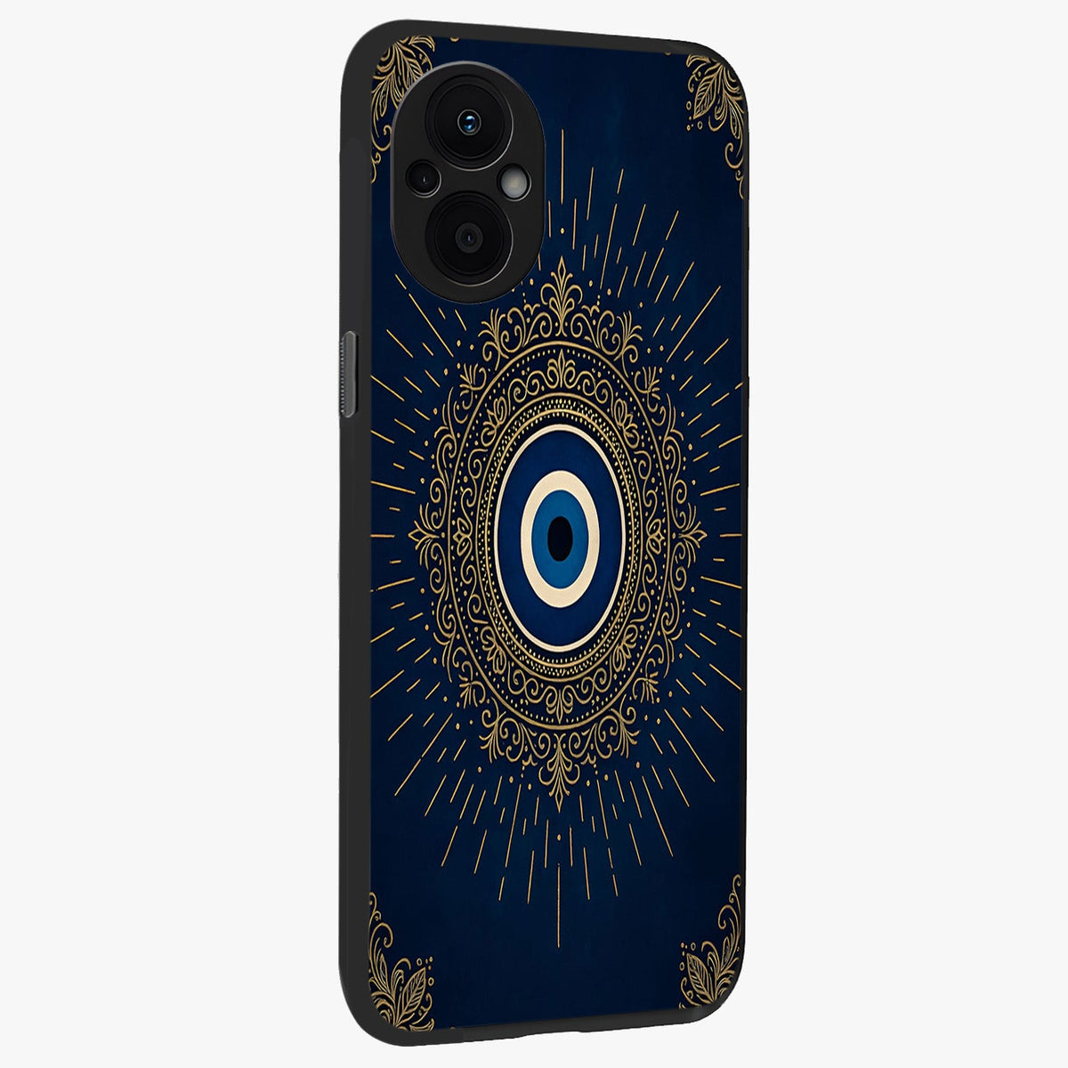 Golden Celestial Charm Glass Case upright view showcasing radiant celestial artwork with elegant golden theme.