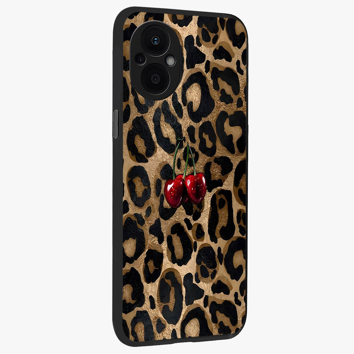 Leopard Wild Cherry Glass Case upright view showcasing stylish leopard pattern artwork with trendy fashion theme.