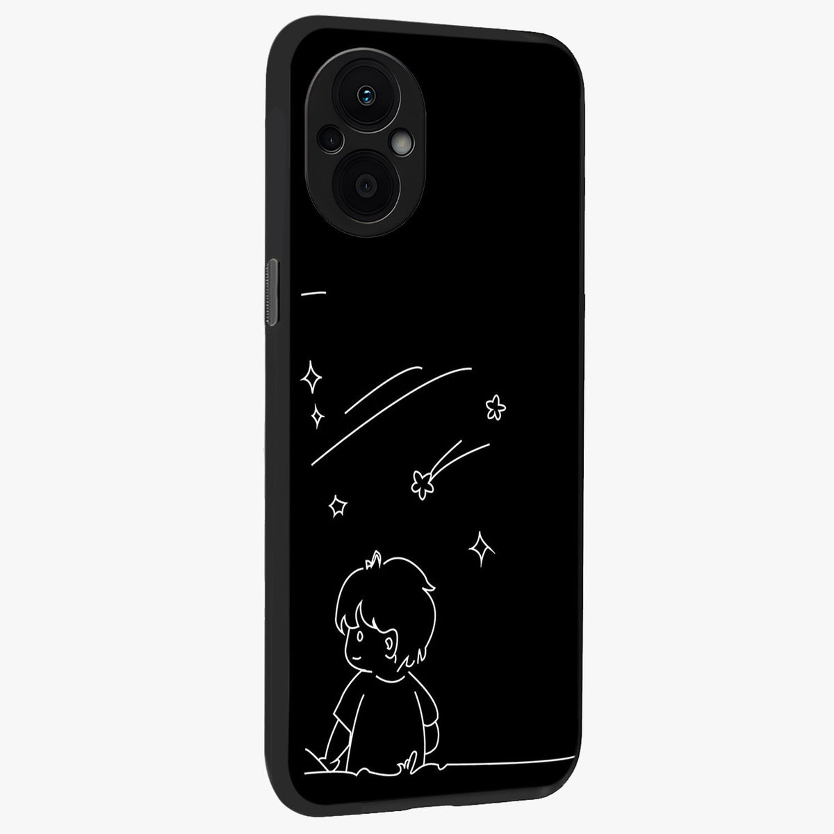 Line Art Boy With Shooting Stars Glass Case upright view showcasing artistic shooting star illustration with minimal style.