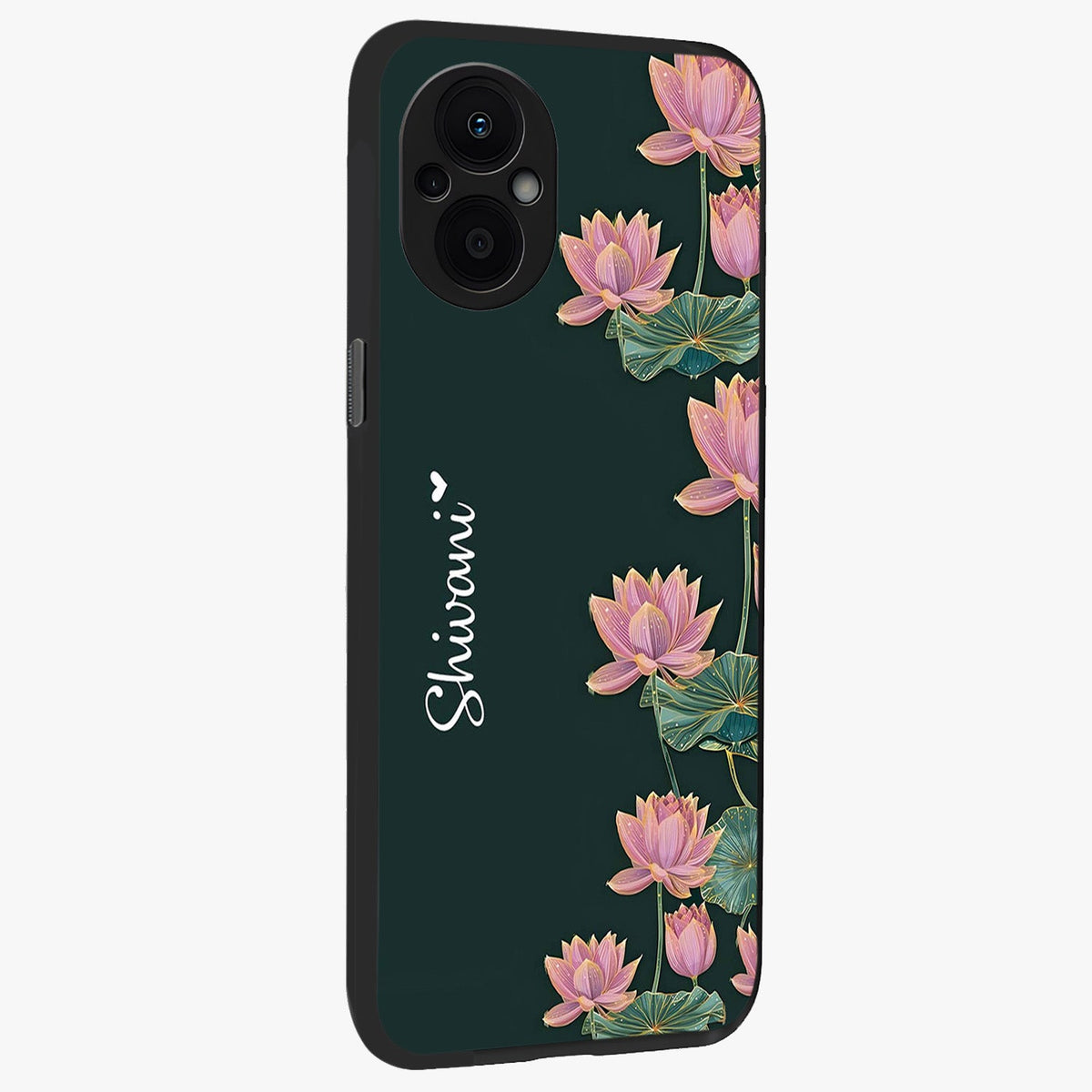 Lotus Bloom Serenity Custom Name Glass Case upright view showcasing serene lotus bloom artwork with personalized floral aesthetic.