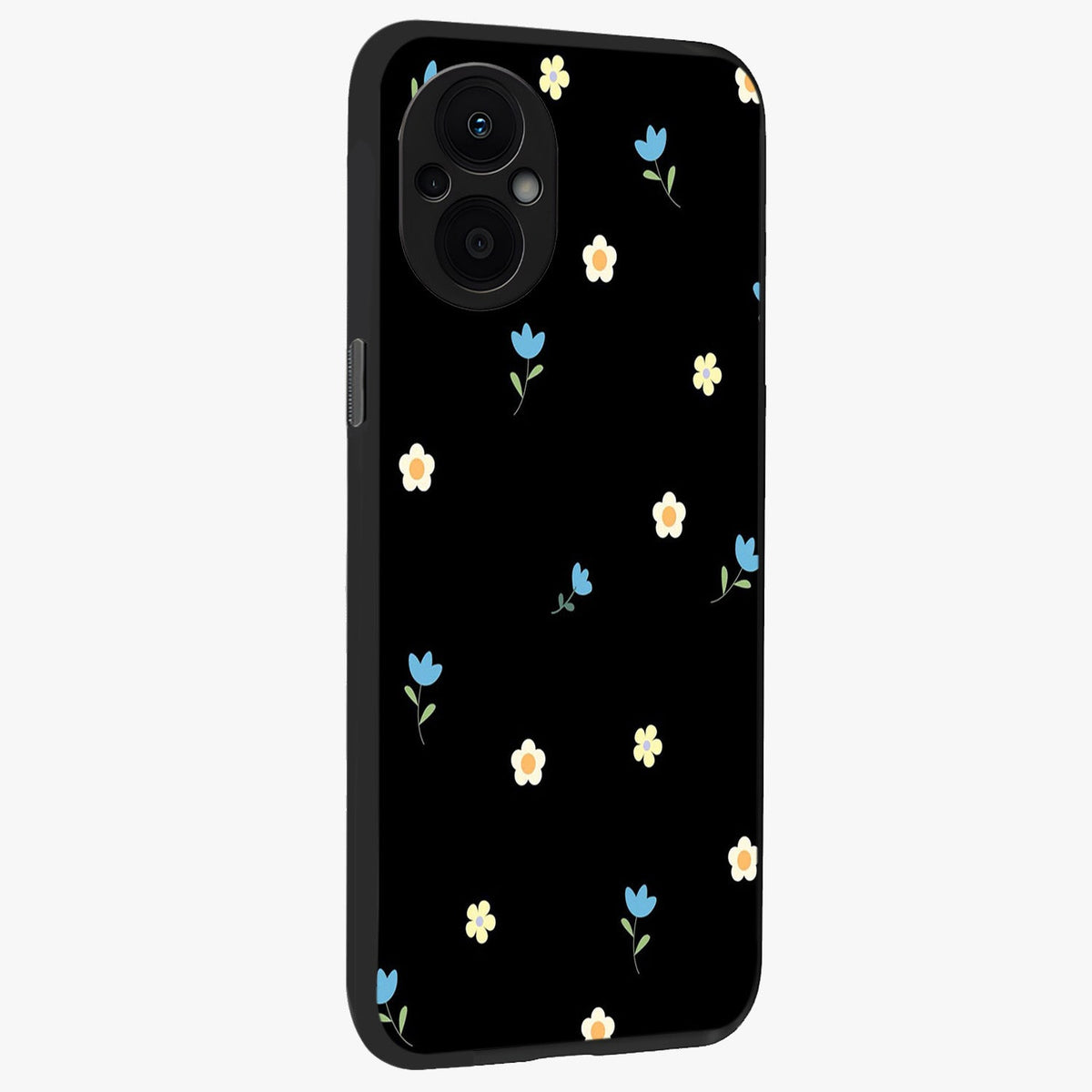 Minimal Petal Whispers Glass Case upright view showcasing elegant floral artwork with modern minimalist style.
