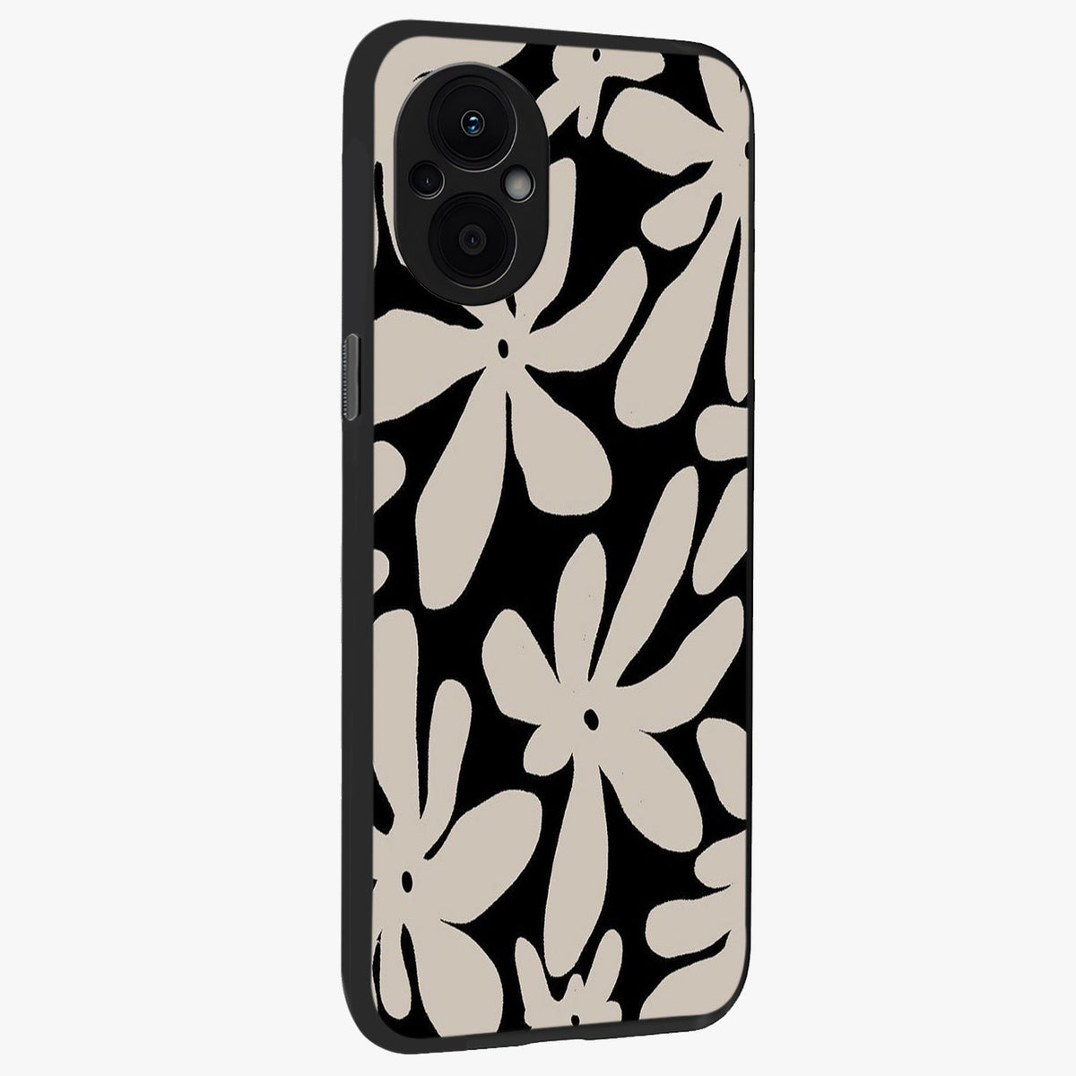Monochrome Petal Dance Glass Case upright view showcasing artistic floral pattern with stylish monochrome theme.