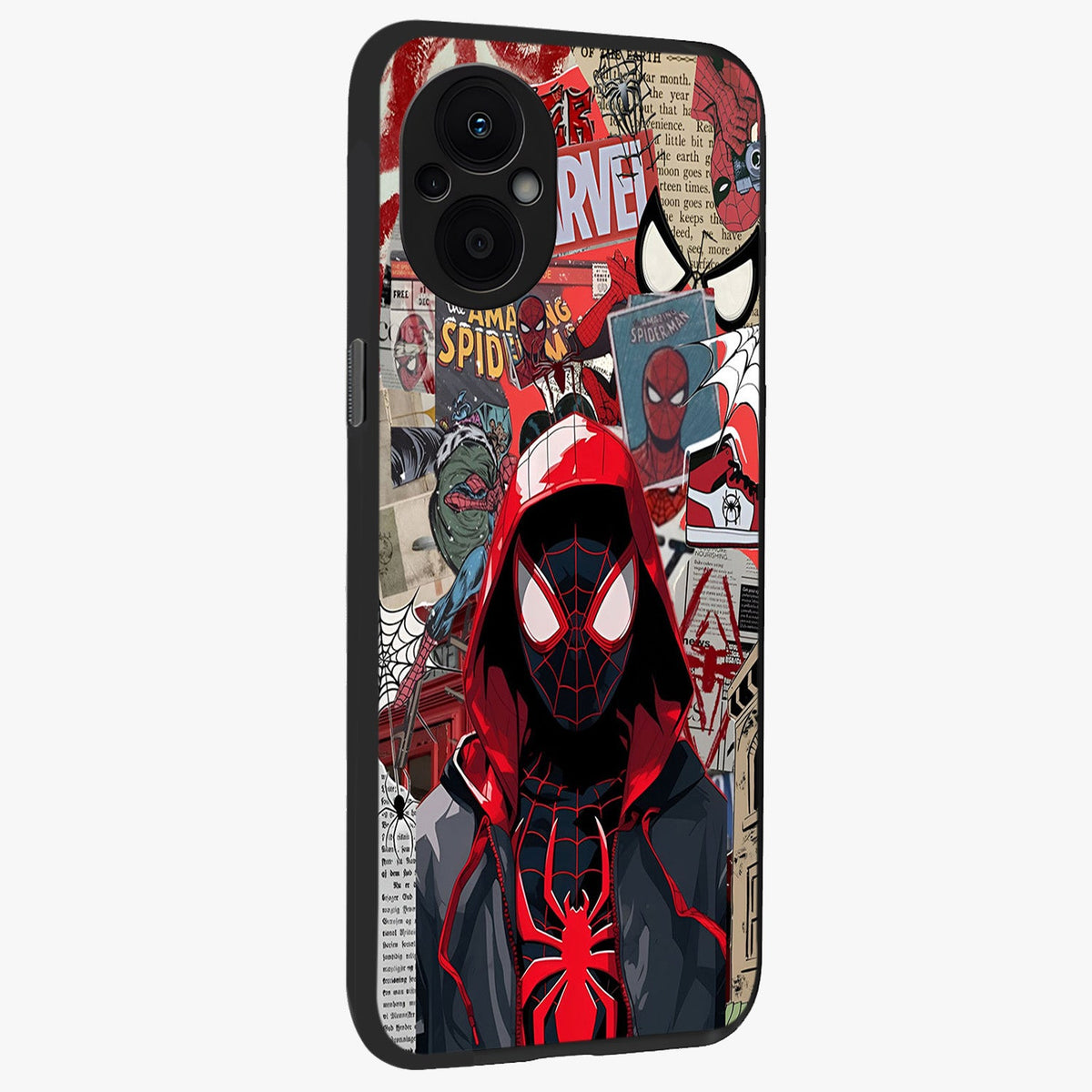 Spider Collage Street Glass Case upright view showcasing bold superhero artwork with urban street theme.