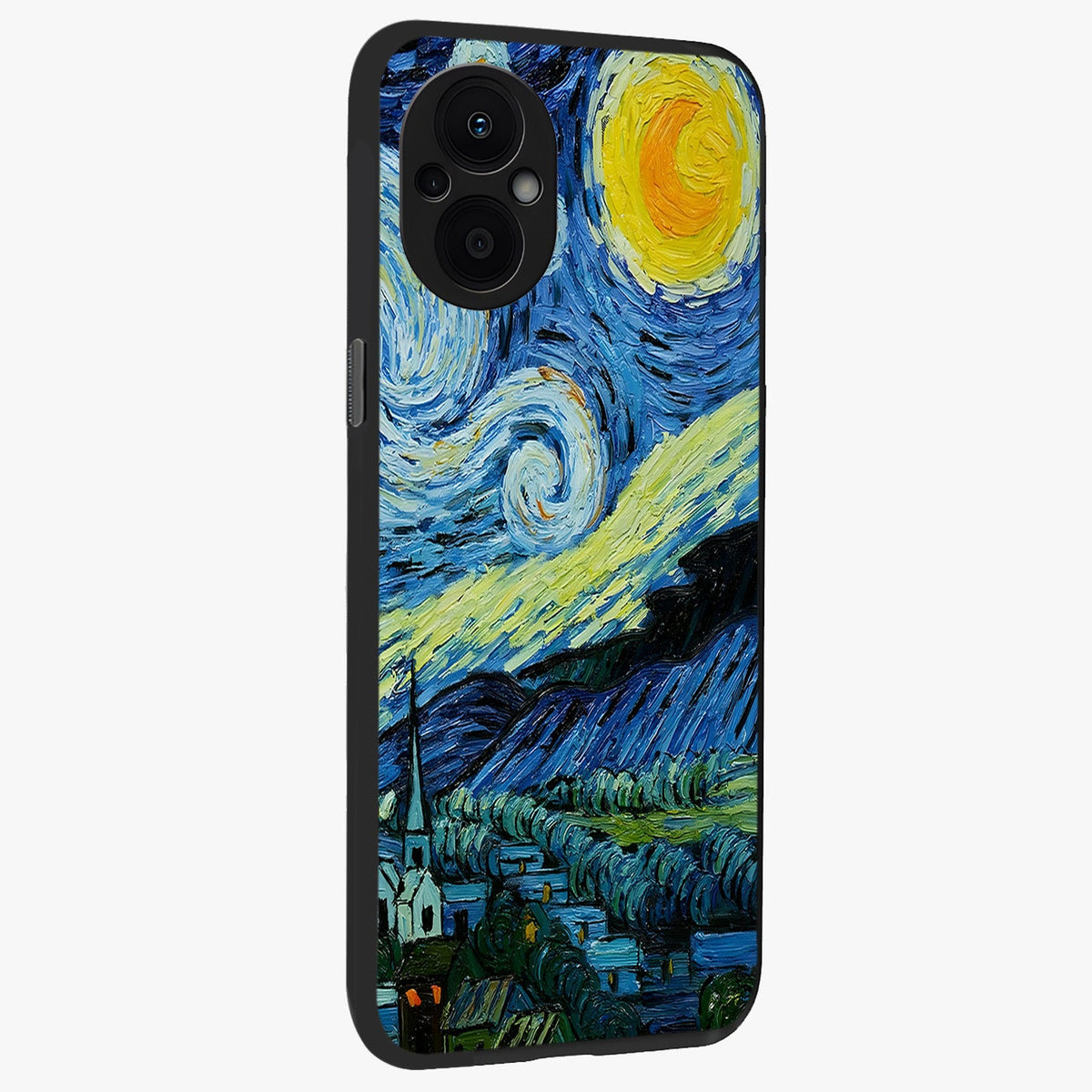 Van Gogh Art Glass Case upright view showcasing expressive painting style artwork with timeless artistic theme.
