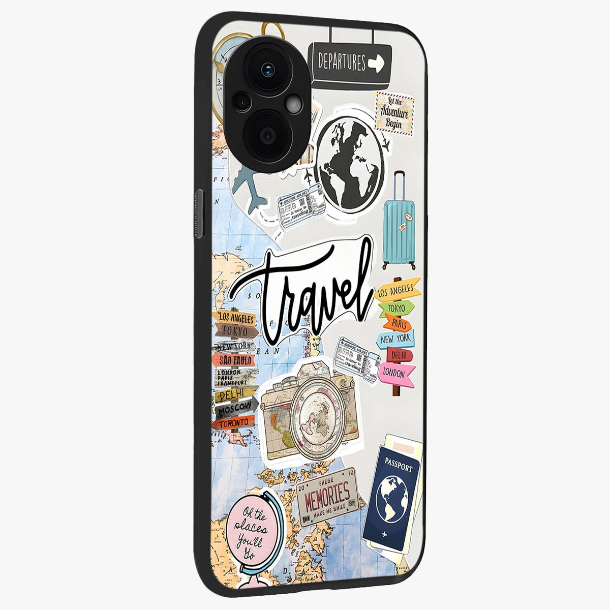 Wanderlust Journal Glass Case upright view showcasing wanderlust inspired artwork with creative exploration theme.
