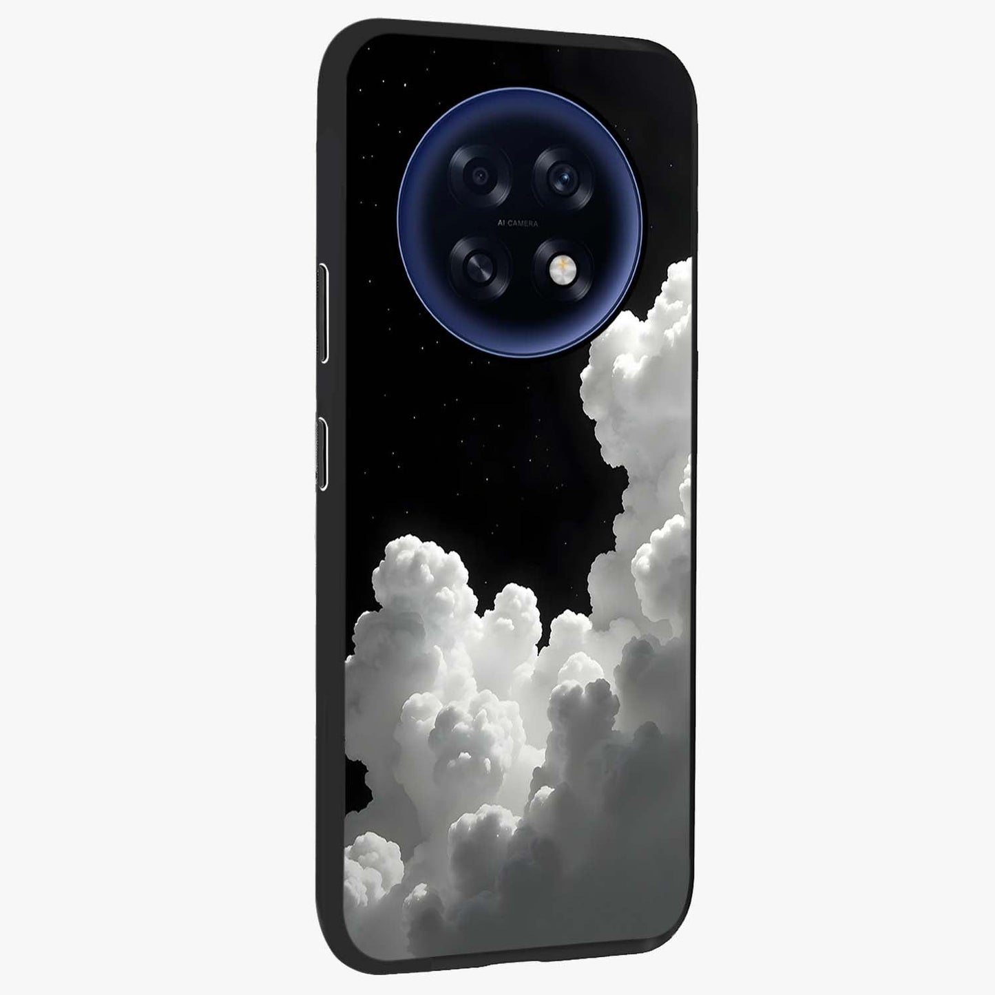 Black Background With White Cloud Glass Case upright view showcasing calm cloud aesthetic with modern minimal style.