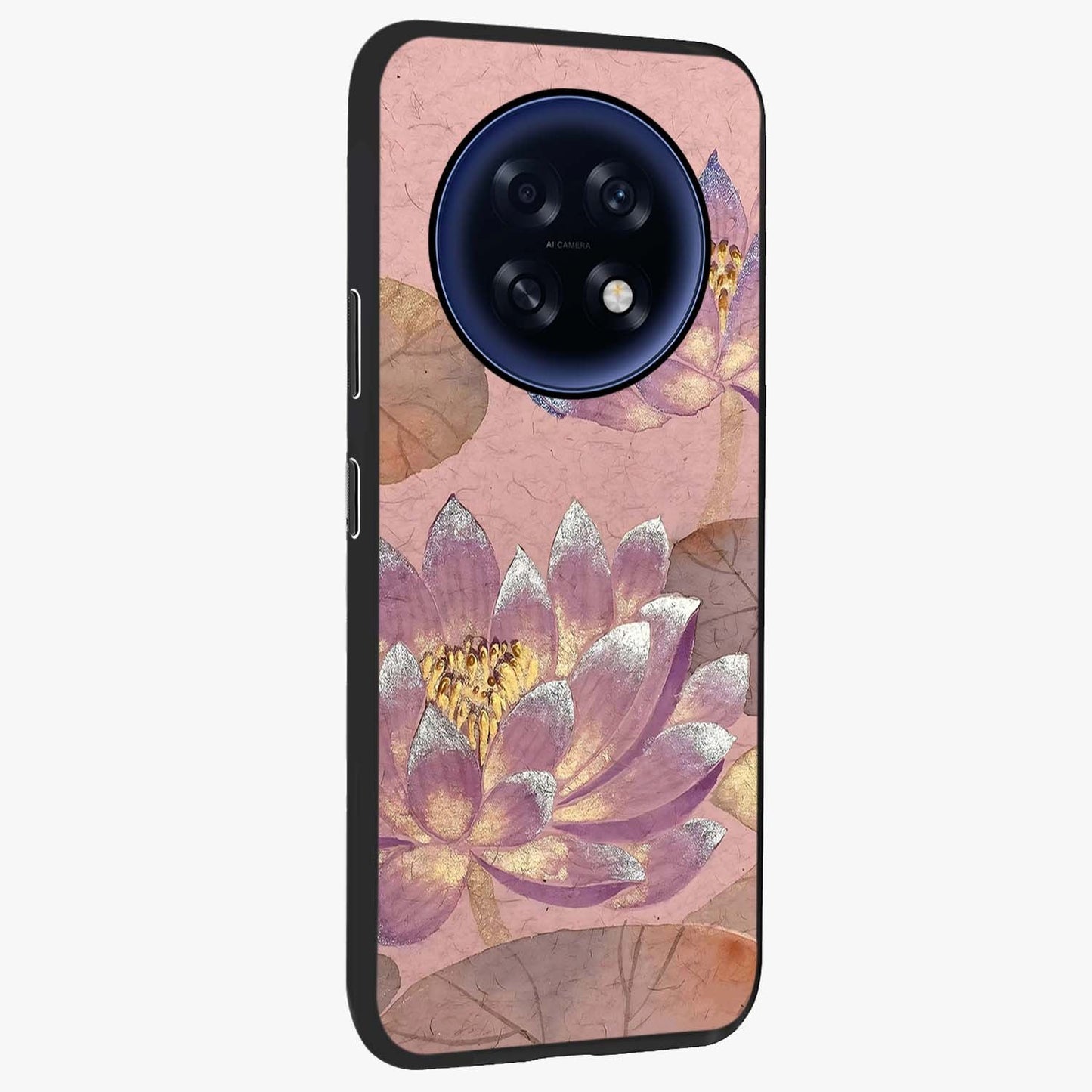 Blossom Mist Lotus Glass Case upright view showcasing graceful lotus flower design with peaceful botanical style.