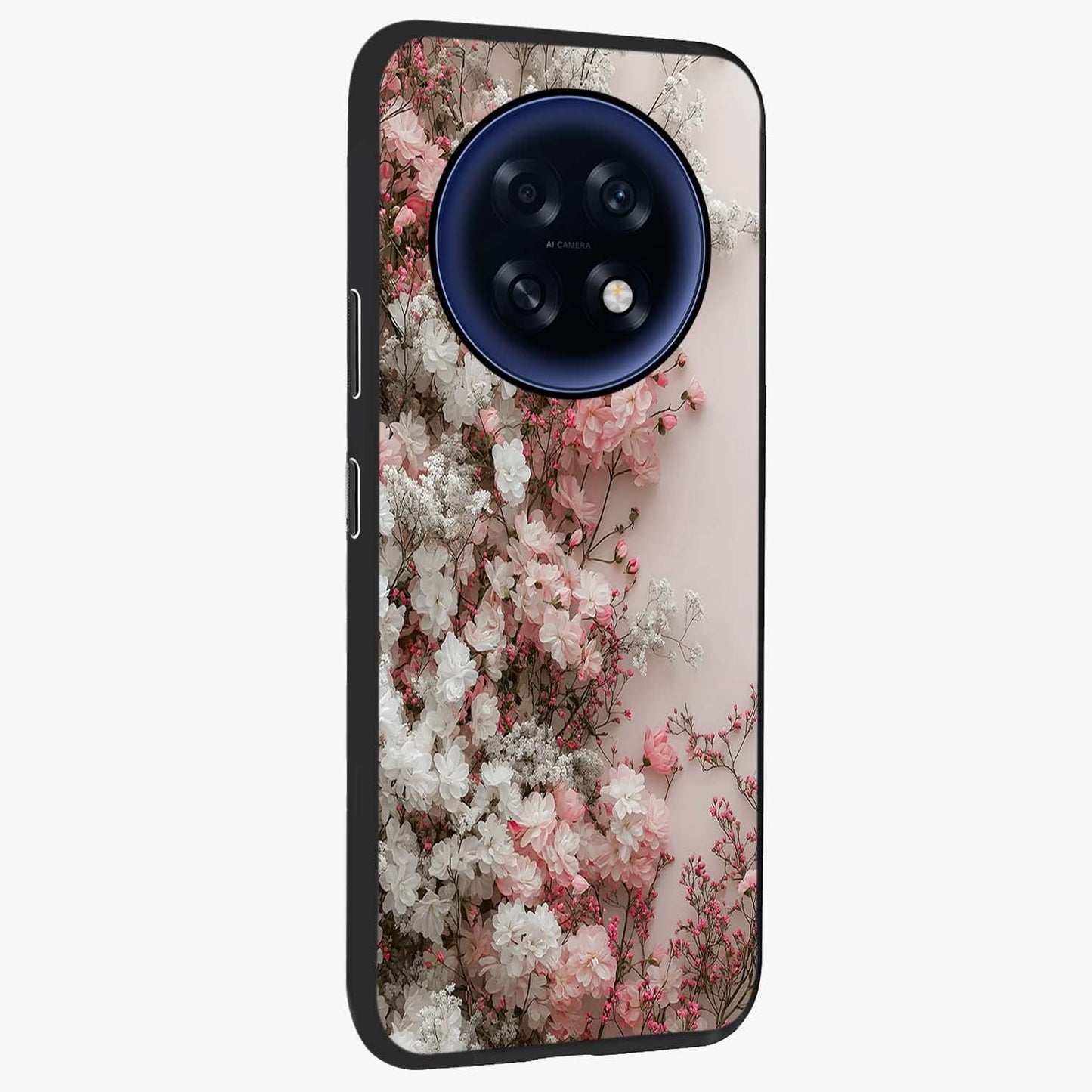 Blush Blossom Cloud Glass Case upright view showcasing calm floral cloud artwork with gentle dreamy theme.