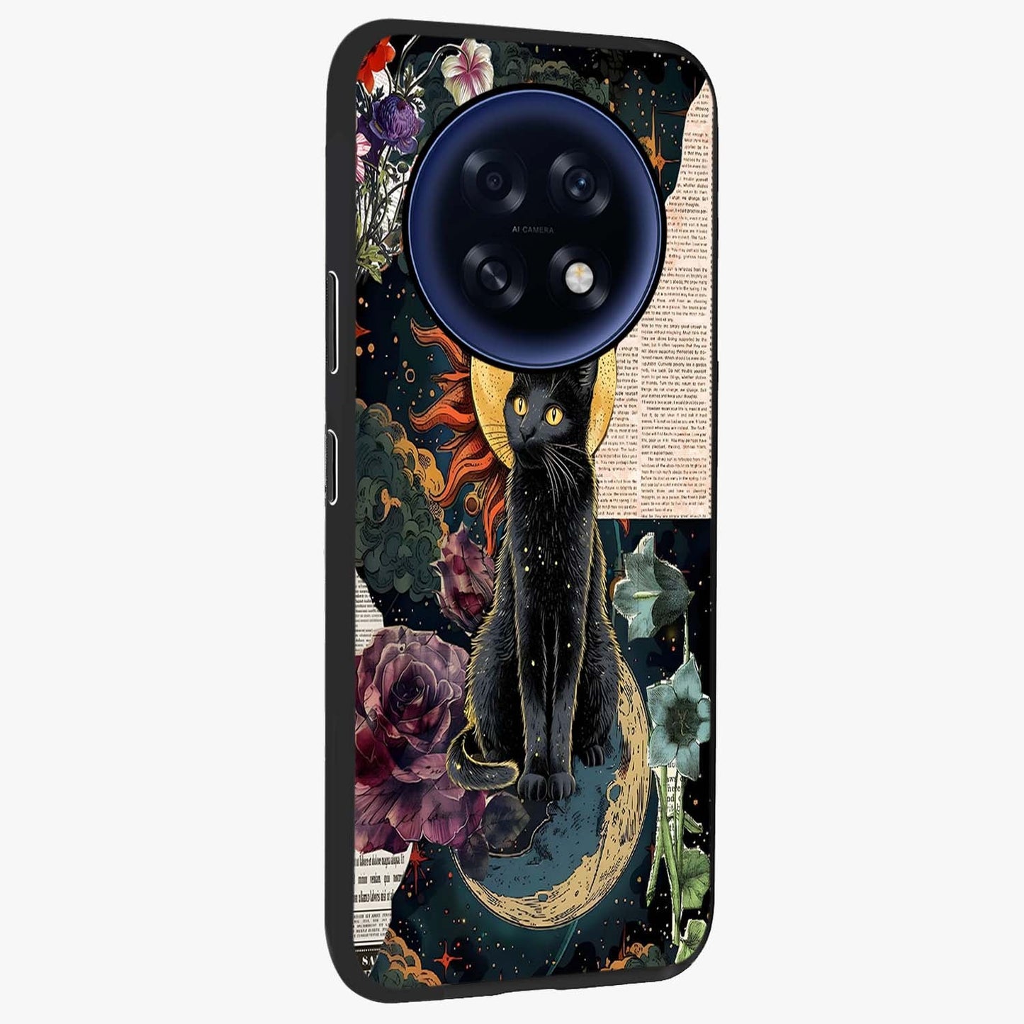 Celestial Black Cat Glass Case upright view showcasing magical black cat illustration with starry cosmic theme.
