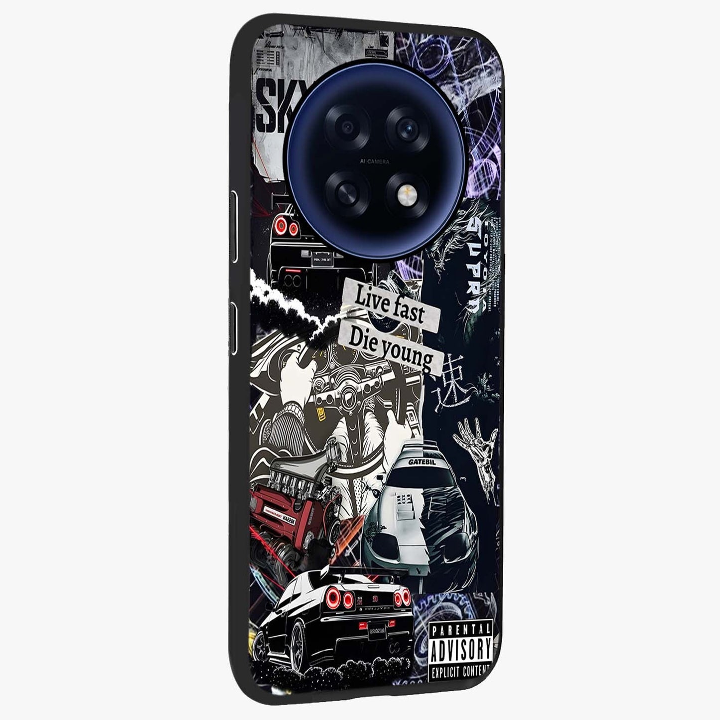 Die Young Glass Case upright view showcasing striking typography artwork with modern statement theme.