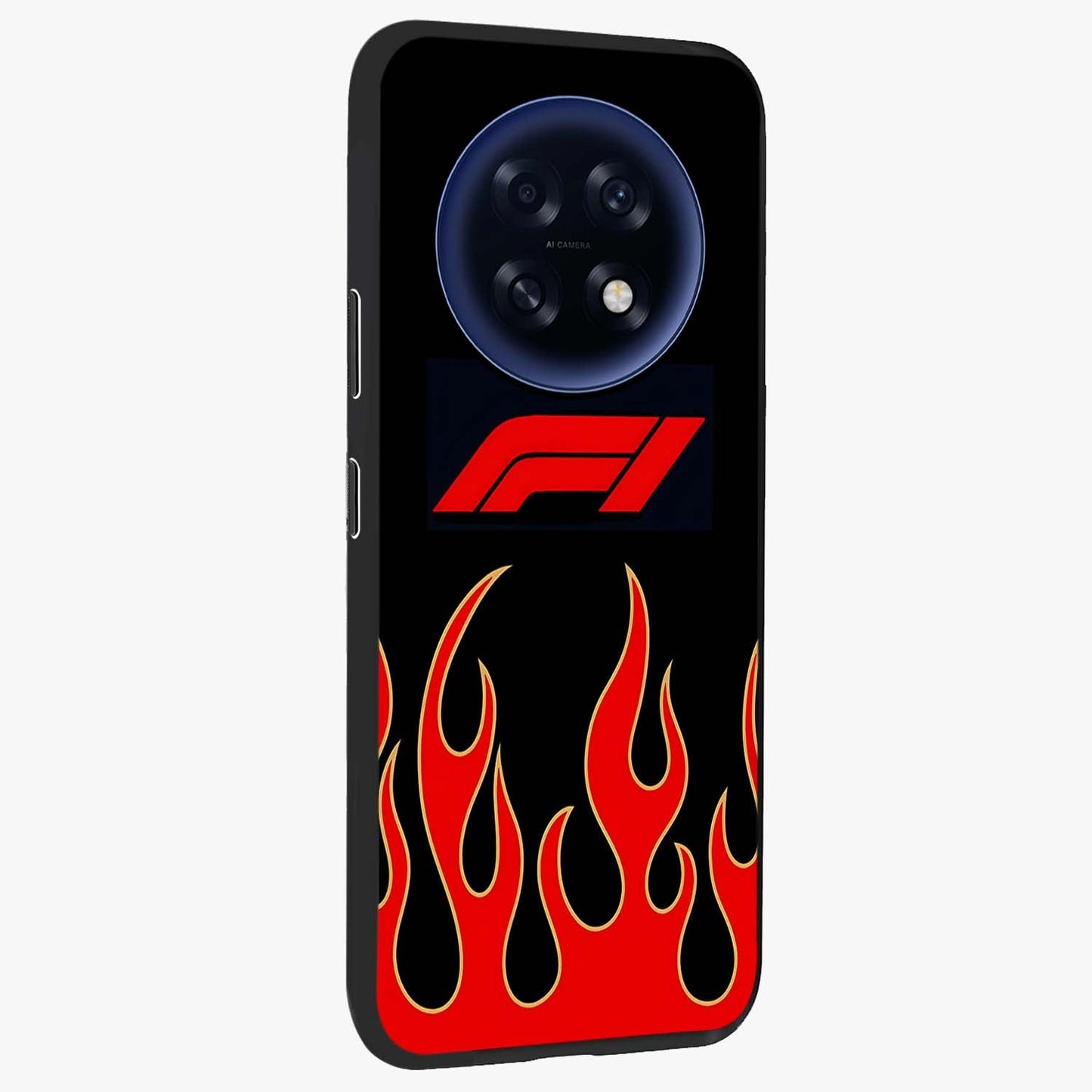 Fire F11 Glass Case upright view showcasing dynamic flame artwork with intense visual theme.