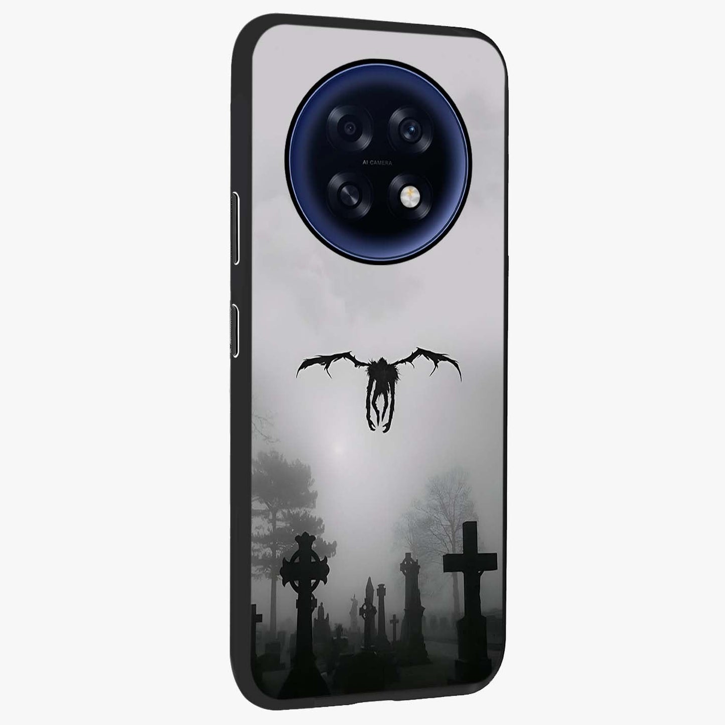 Graveyard Shadow Descent Glass Case upright view showcasing haunting graveyard artwork with dramatic dark theme.