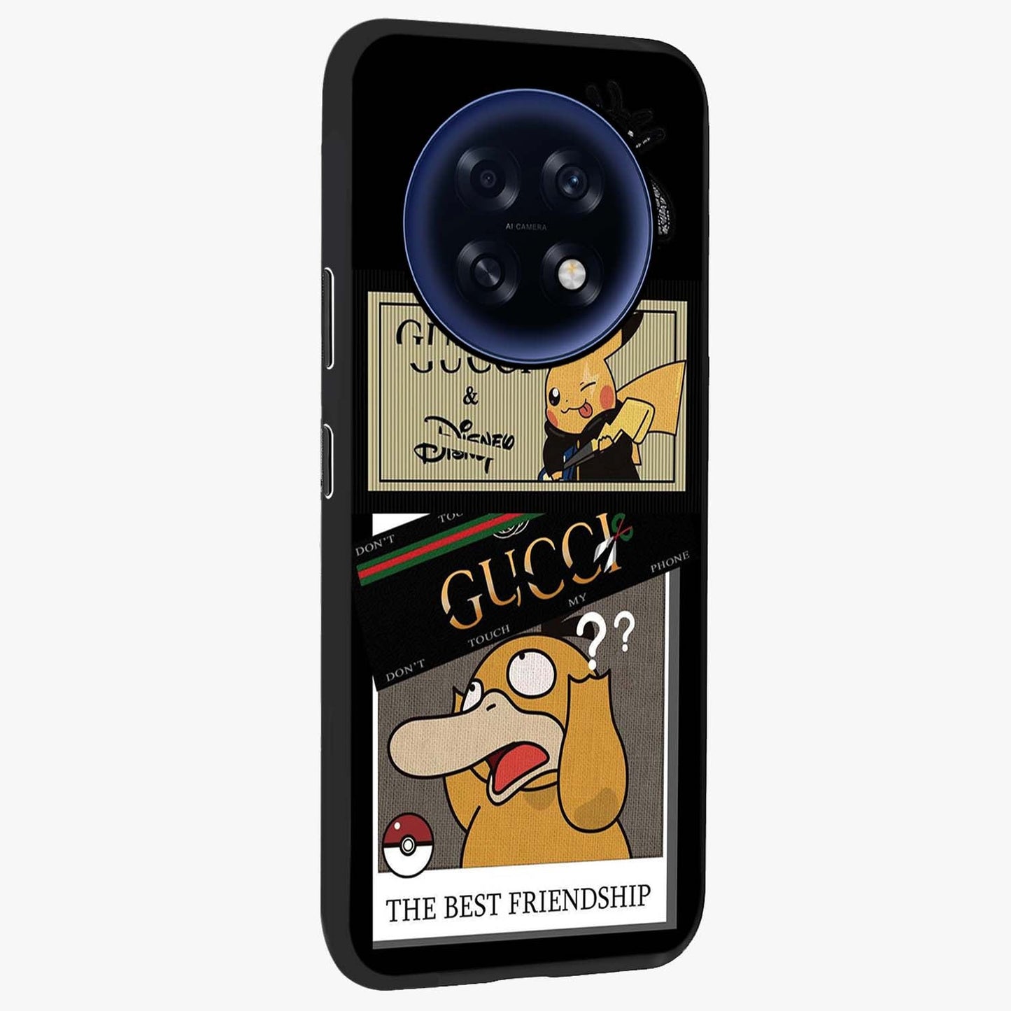 Gucci Play Mashup Glass Case upright view showcasing trendy luxury inspired artwork with modern fashion theme.
