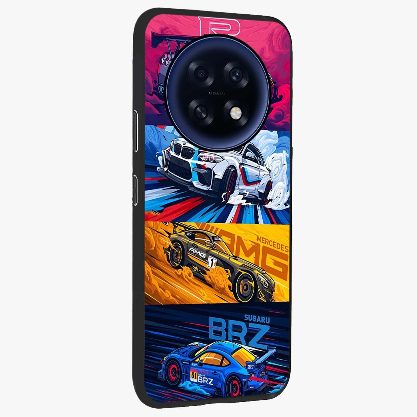 JDM Sports Car Glass Case upright view showcasing dynamic sports car artwork with bold racing theme.