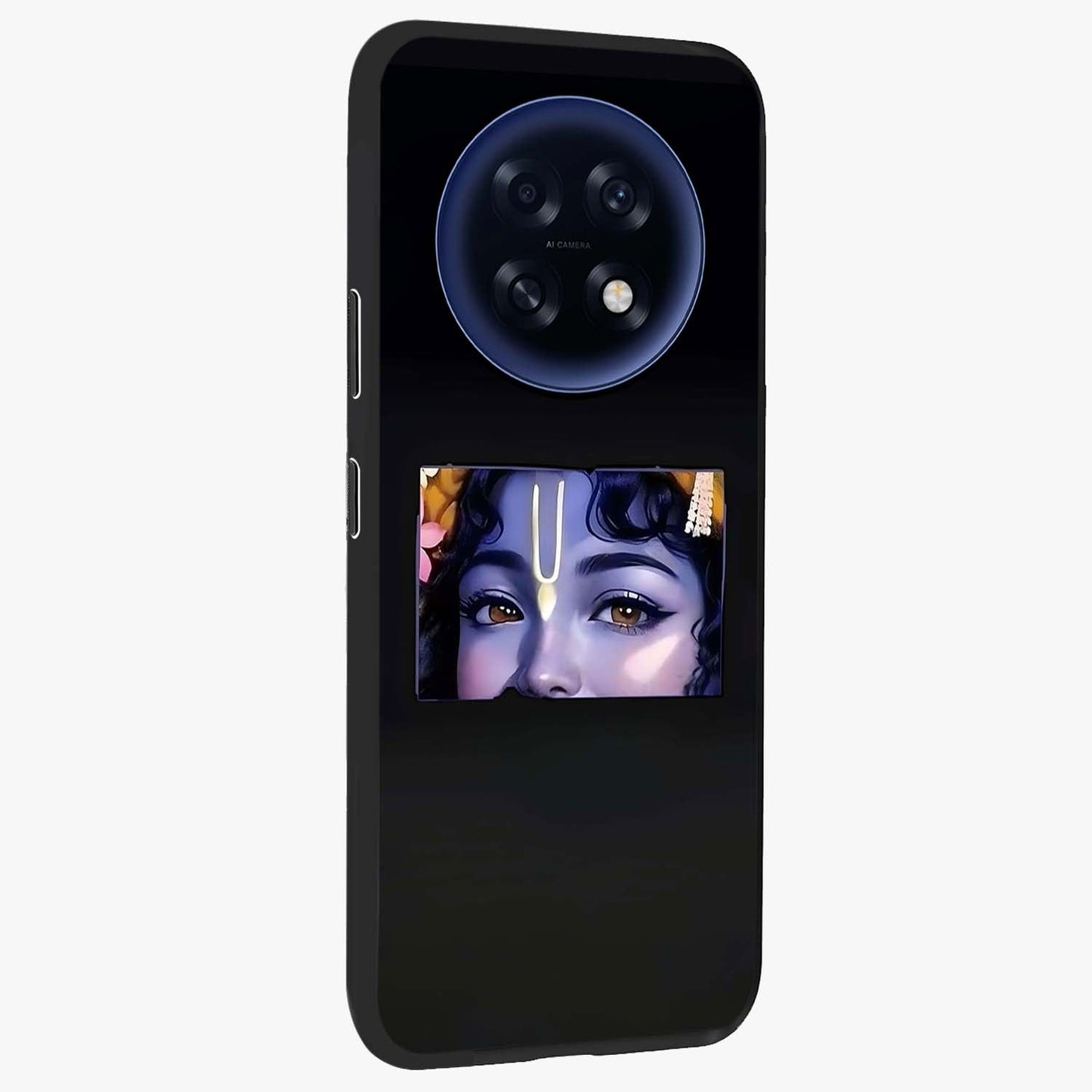 Krishna Divine Embrace Glass Case upright view showcasing sacred Krishna artwork with peaceful devotional theme.