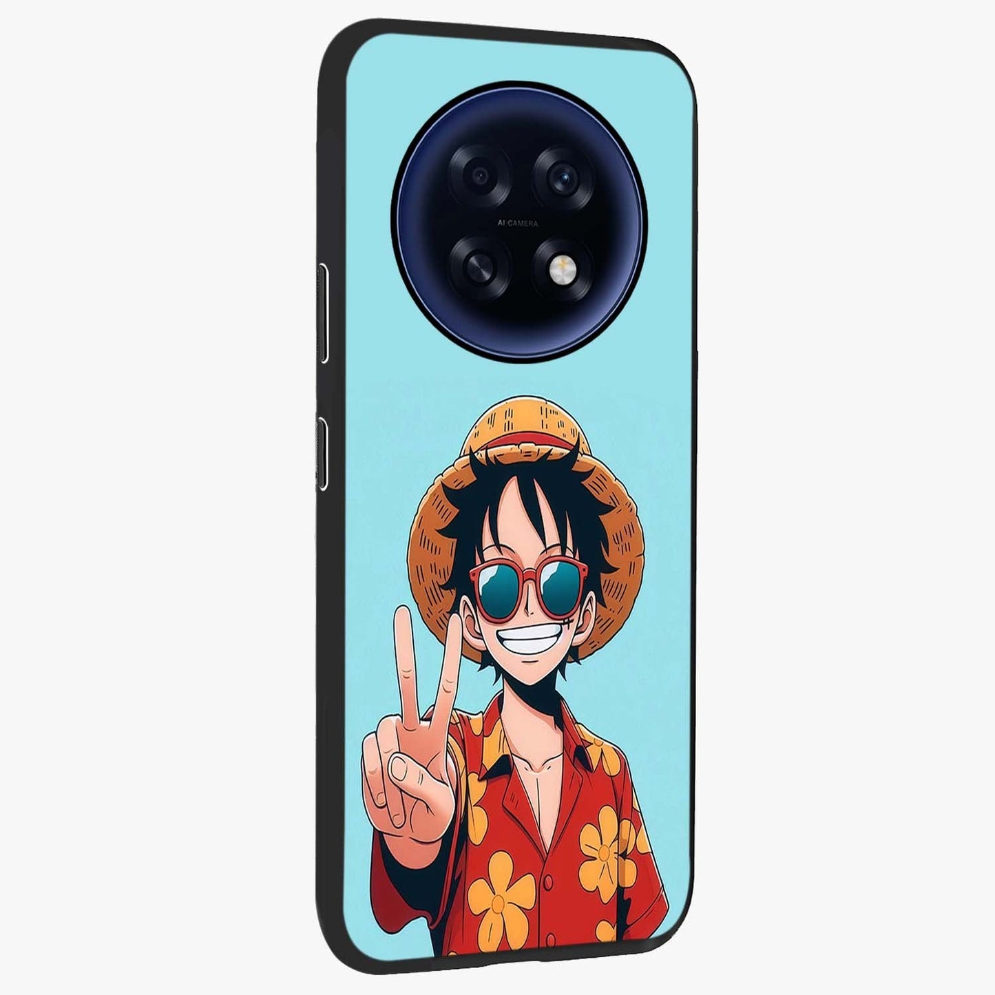 Luffy Summer Anime Vibe Glass Case upright view showcasing dynamic anime artwork with bright adventurous theme.
