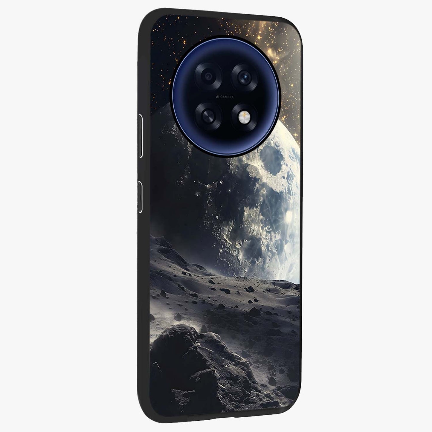 Lunar Horizon Glow Glass Case upright view showcasing radiant lunar artwork with calm cosmic theme.