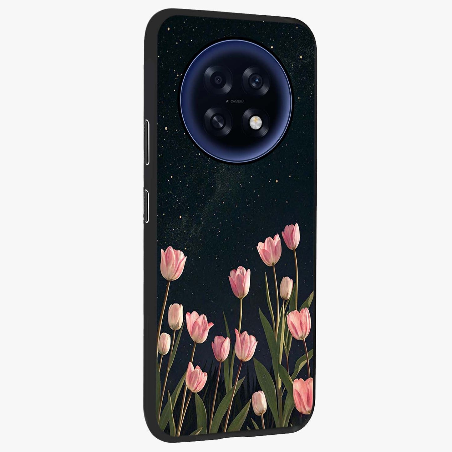 Midnight Tulip Whispers Vibe Glass Case upright view showcasing graceful tulip artwork with calm botanical theme.