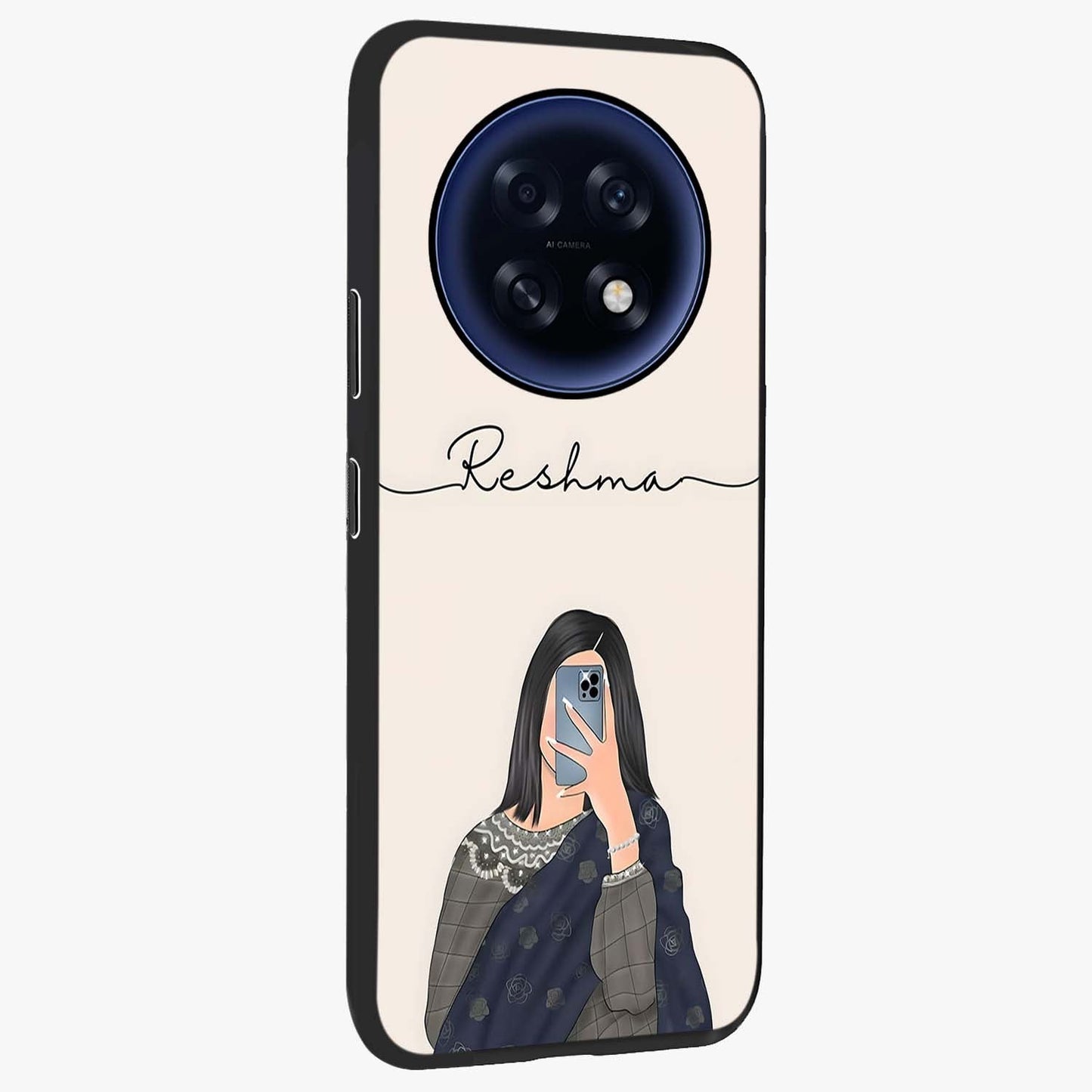 Mirror Mood Muse With Custom Name Glass Case upright view showcasing artistic mirror themed artwork with personalized aesthetic.