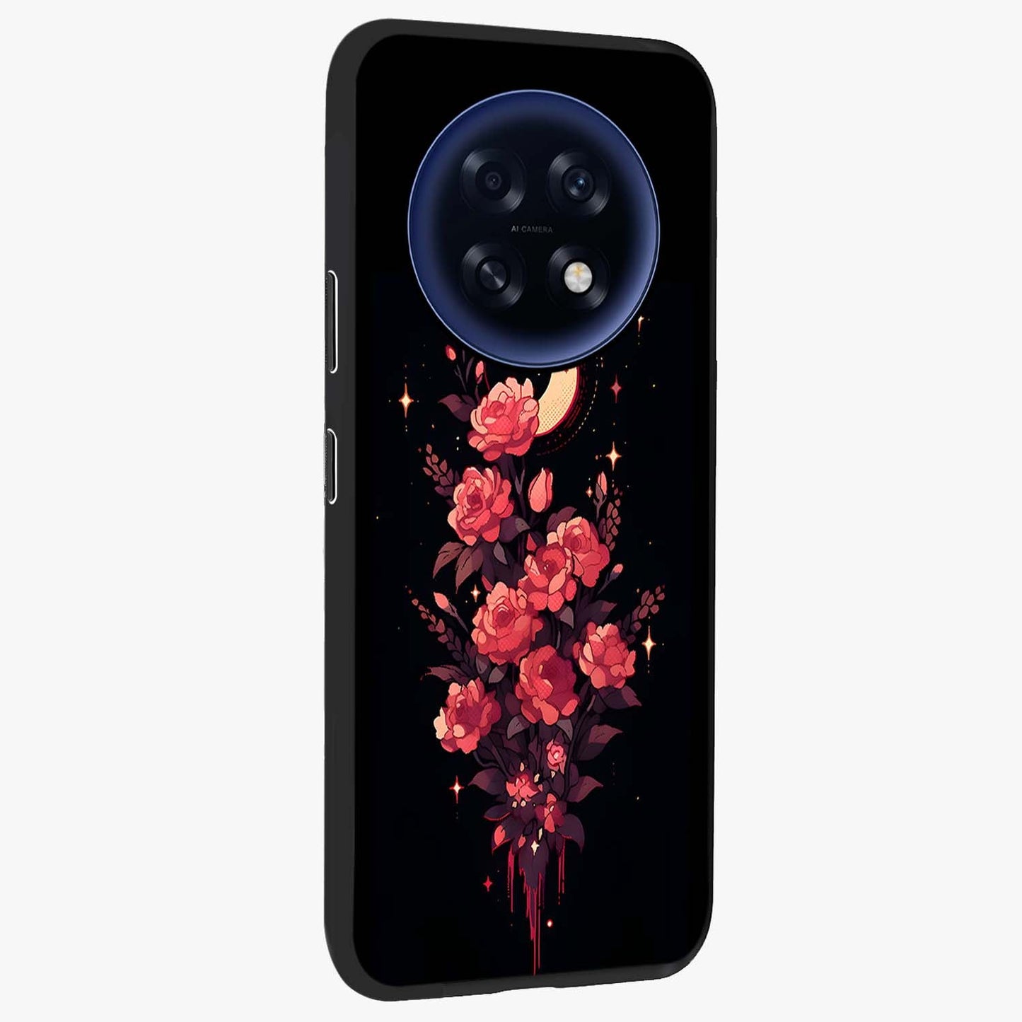 Moonlit Floral Elegance Glass Case upright view showcasing delicate floral artwork with refined night inspired theme.