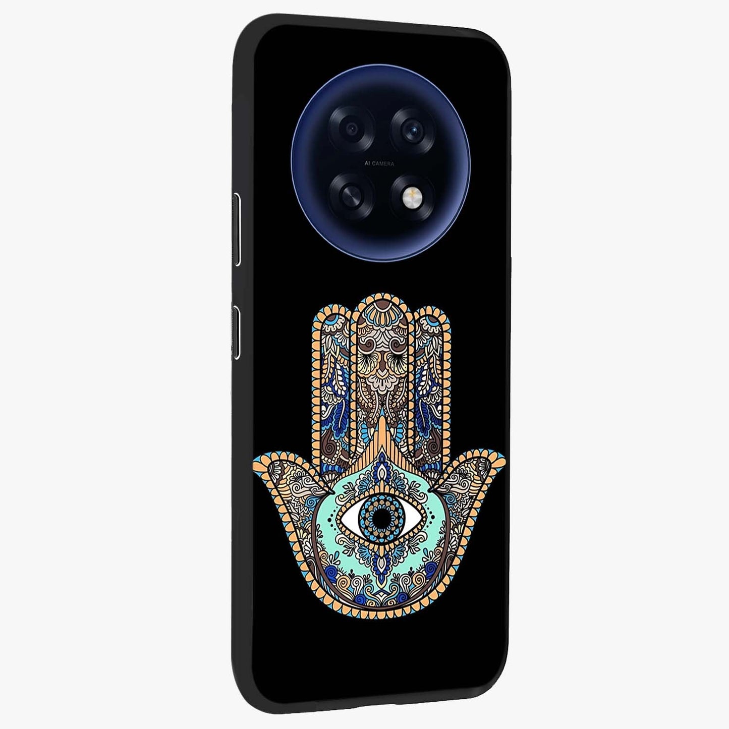 Mystic Hamsa Eye Glass Case upright view showcasing detailed hamsa eye artwork with protective spiritual theme.