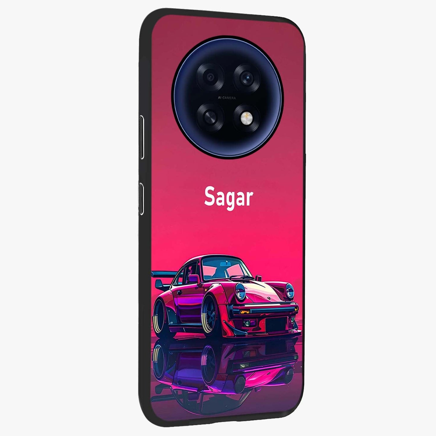 Neon Pink Porsche Glass Case upright view showcasing vibrant sports car artwork with bold automotive theme.