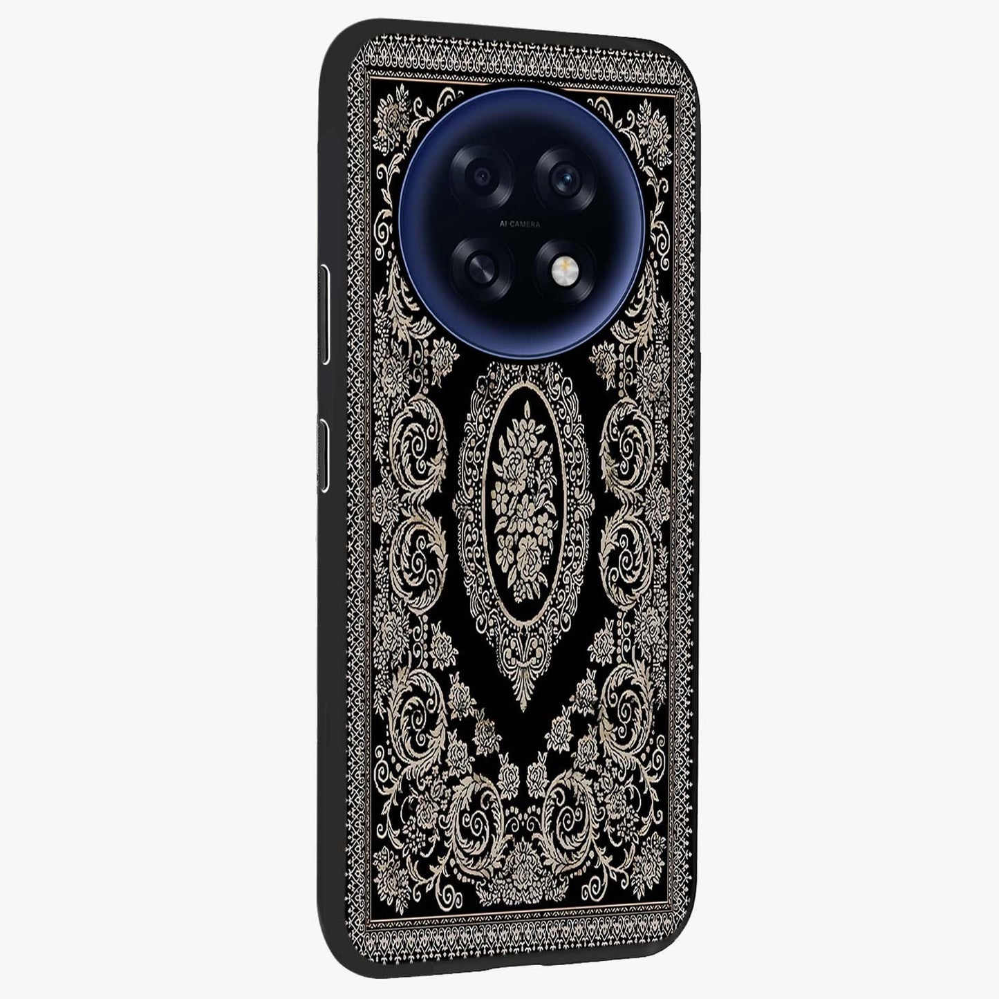 Noir Bloom Elegance Glass Case upright view showcasing graceful floral artwork with luxurious dark theme.