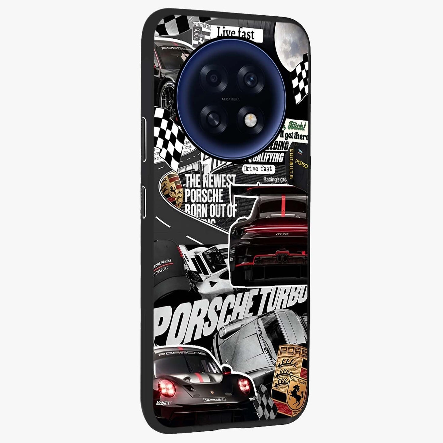 Porsche Racing Collage Glass Case upright view showcasing energetic car collage artwork with high speed racing theme.