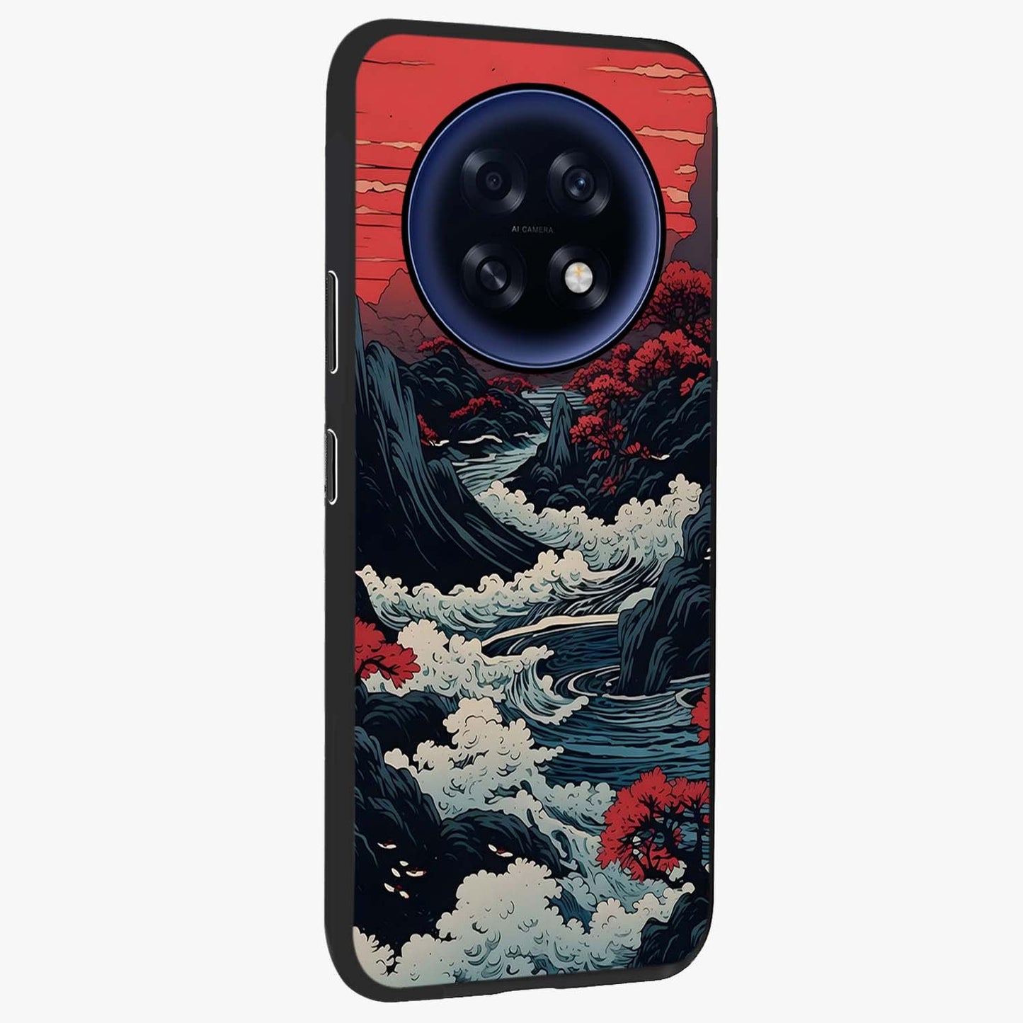 Red Sunset Scenery Glass Case upright view showcasing dramatic sunset scenery artwork with warm nature theme.
