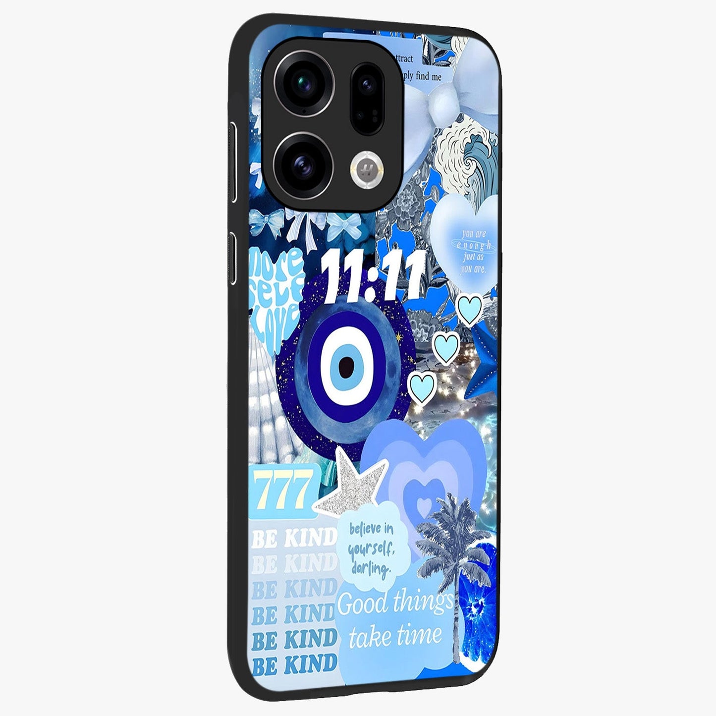 Aesthetic Be Kind Eye Glass Case upright view showcasing stylish eye illustration with positive message theme.