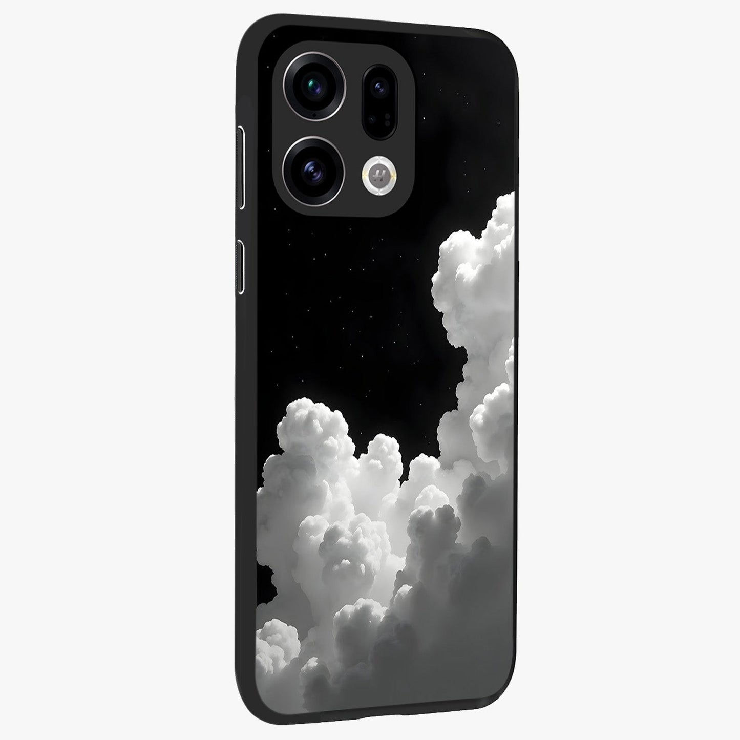 Black Background With White Cloud Glass Case upright view showcasing calm cloud aesthetic with modern minimal style.