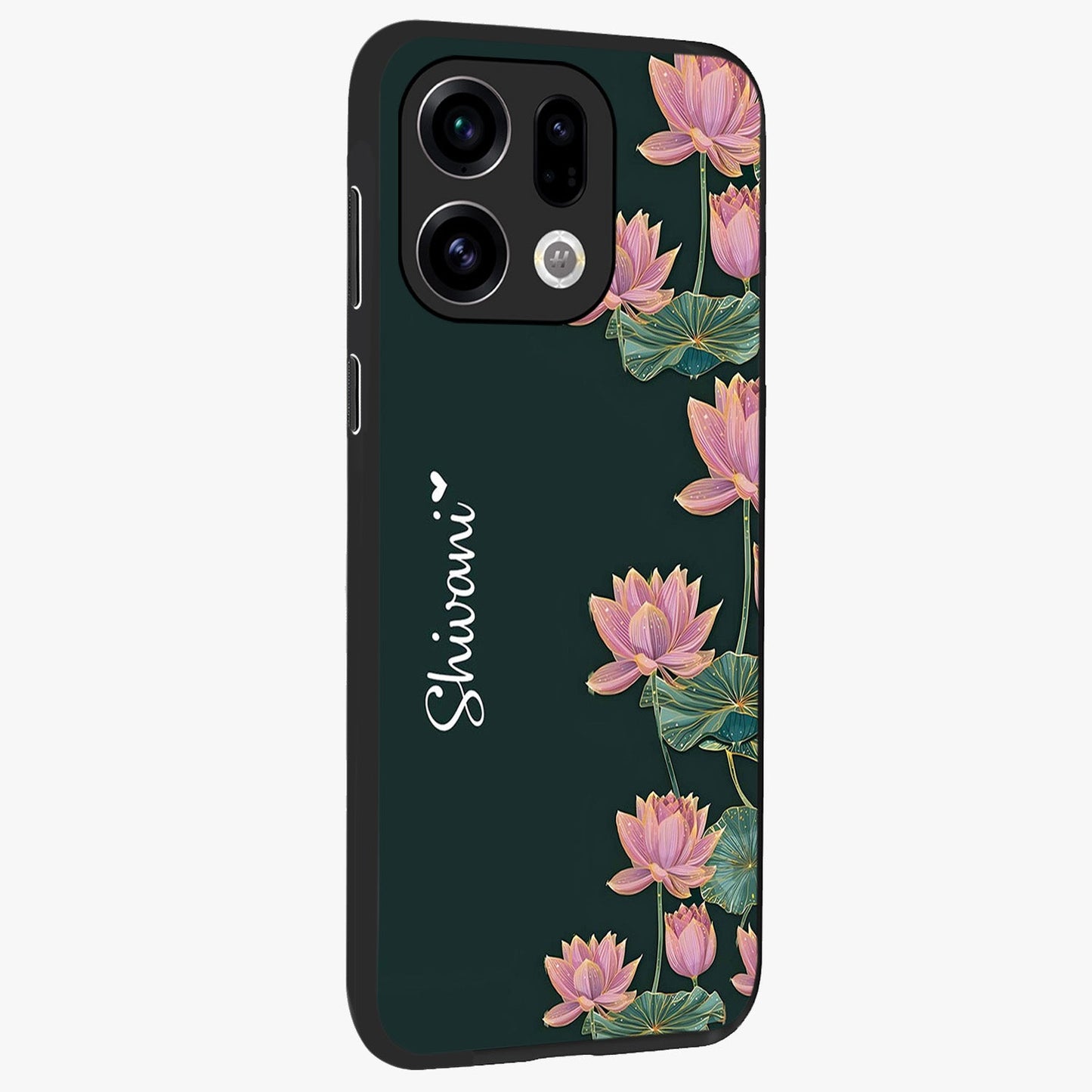 Lotus Bloom Serenity Custom Name Glass Case upright view showcasing serene lotus bloom artwork with personalized floral aesthetic.