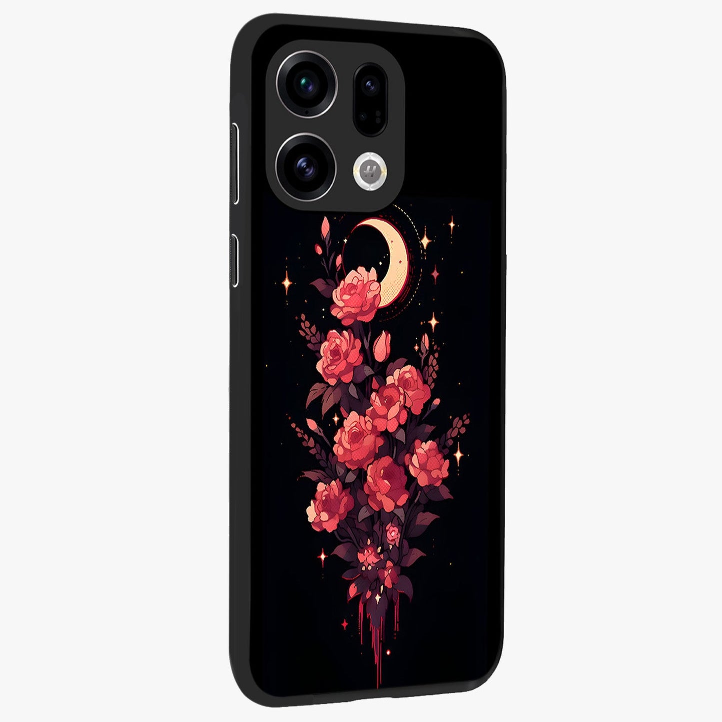 Moonlit Floral Elegance Glass Case upright view showcasing delicate floral artwork with refined night inspired theme.