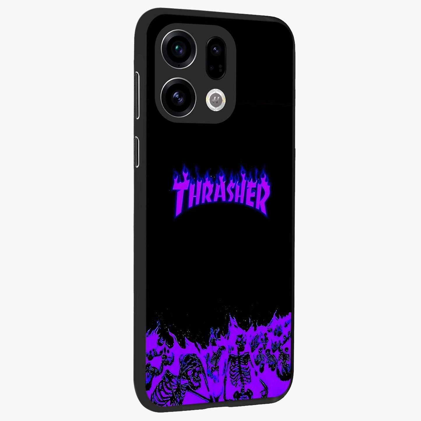 Neon Flame Riot Glass Case upright view showcasing dynamic flame artwork with energetic neon theme.