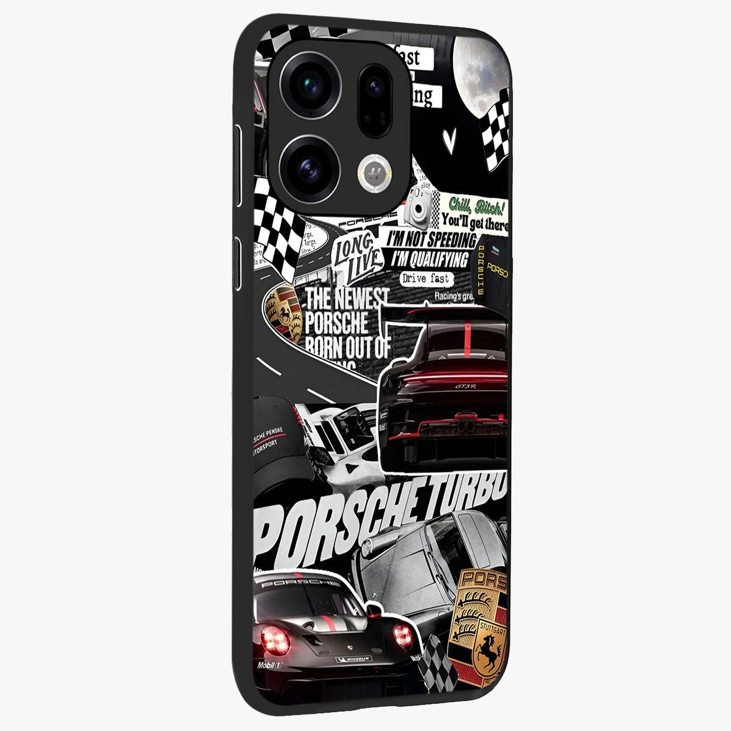 Porsche Racing Collage Glass Case upright view showcasing energetic car collage artwork with high speed racing theme.