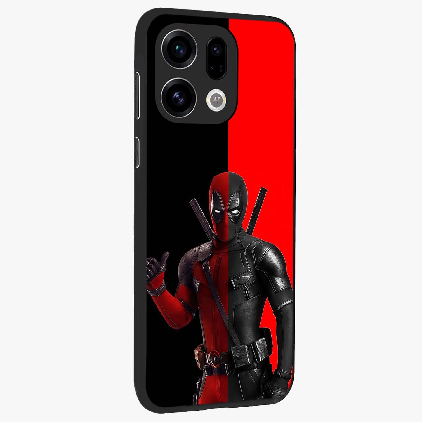 Red & Black Deadpool Theme Glass Case upright view showcasing energetic comic themed artwork with striking red and black design.