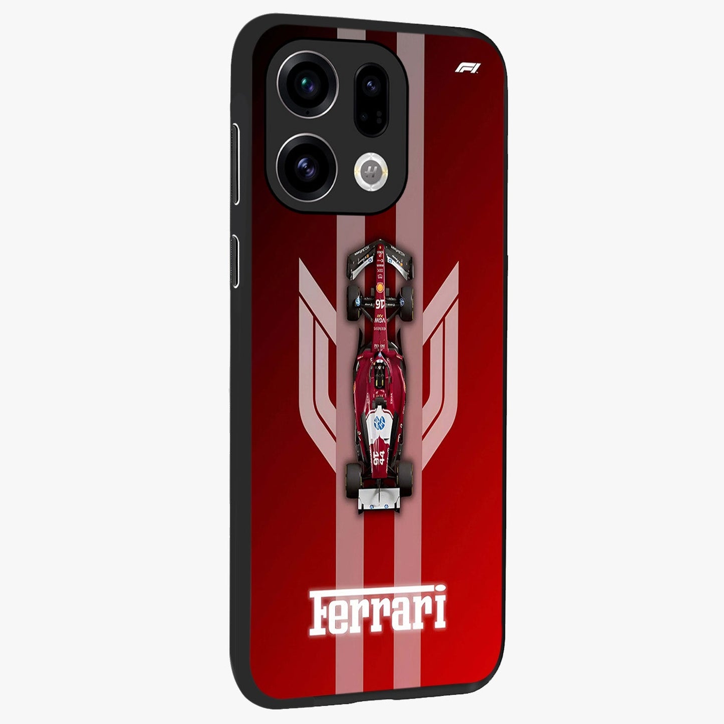 Red Ferrari F1 Vertical Glass Case upright view showcasing powerful Formula car artwork with dynamic motorsport theme.