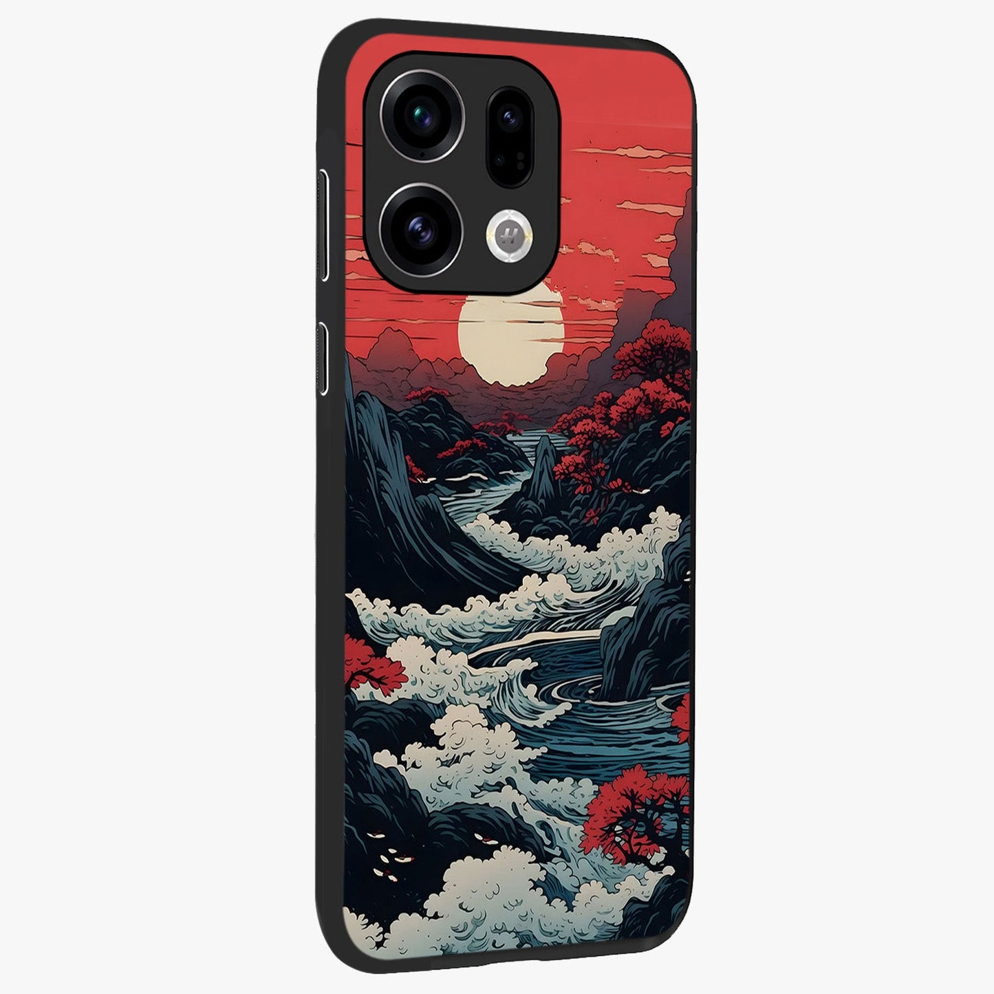 Red Sunset Scenery Glass Case upright view showcasing dramatic sunset scenery artwork with warm nature theme.