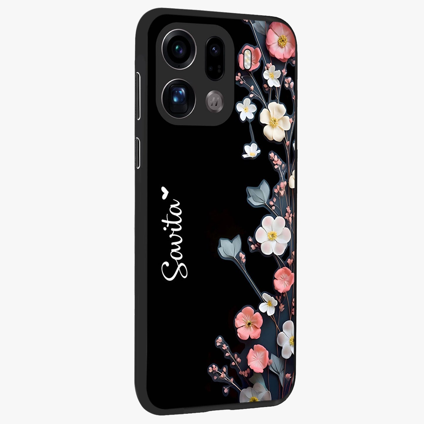 Black Elegance Floral Custom Name Glass Case upright view showcasing luxurious black floral design with personalized name detail.