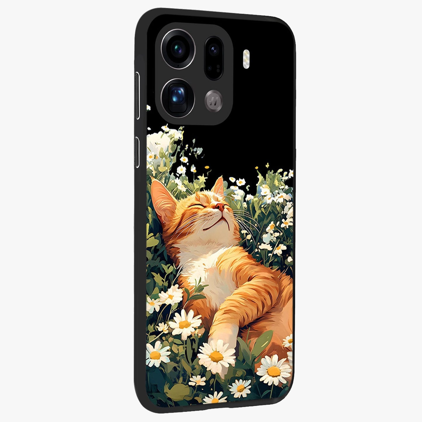 Blissful Bloom Cat Glass Case upright view showcasing charming cat design surrounded by blooming floral elements.