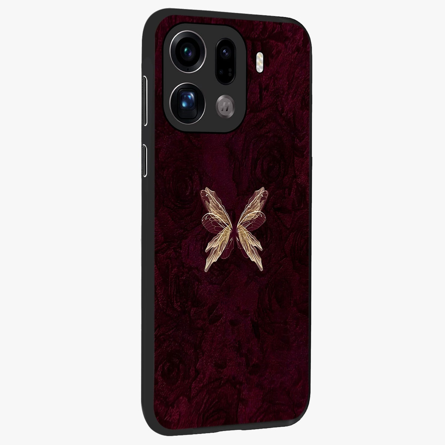 Crimson Fade Butterfly Glass Case upright view showcasing graceful butterfly artwork with soft crimson fade effect.