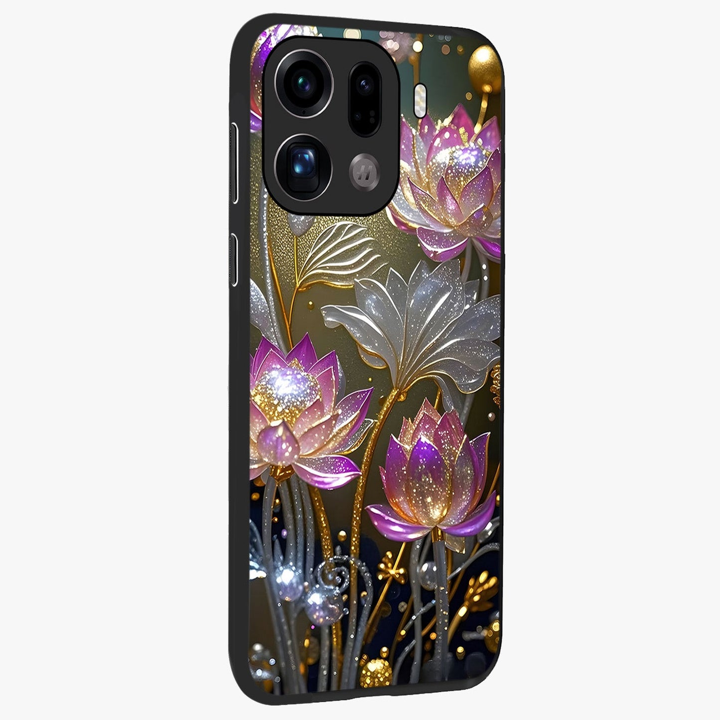 Golden Floral Majesty Glass Case upright view showcasing majestic floral artwork with rich decorative theme.